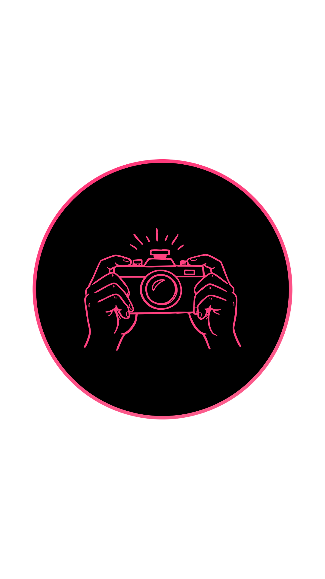 Neon pink outline of hands holding a camera within a pink circle on a black background.