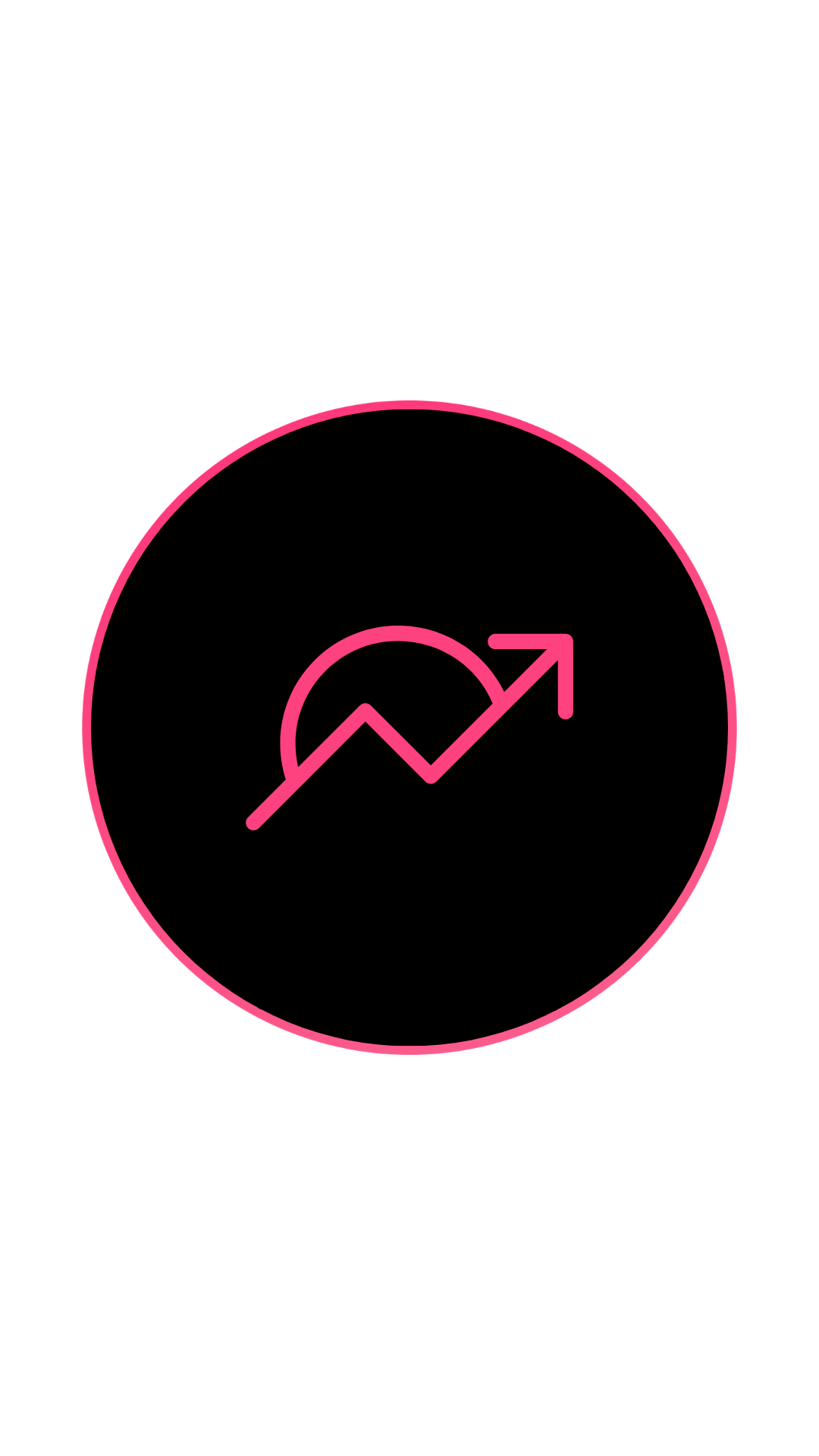 Pink icon of a rising graph with an upward arrow inside a black circle, outlined in pink, with the words "Market Up" below.