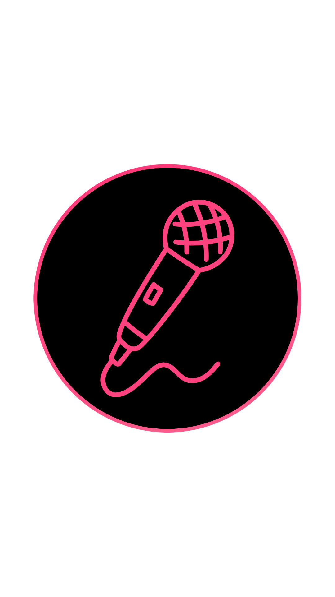 Neon pink outline of a microphone inside a pink circle on a black background.