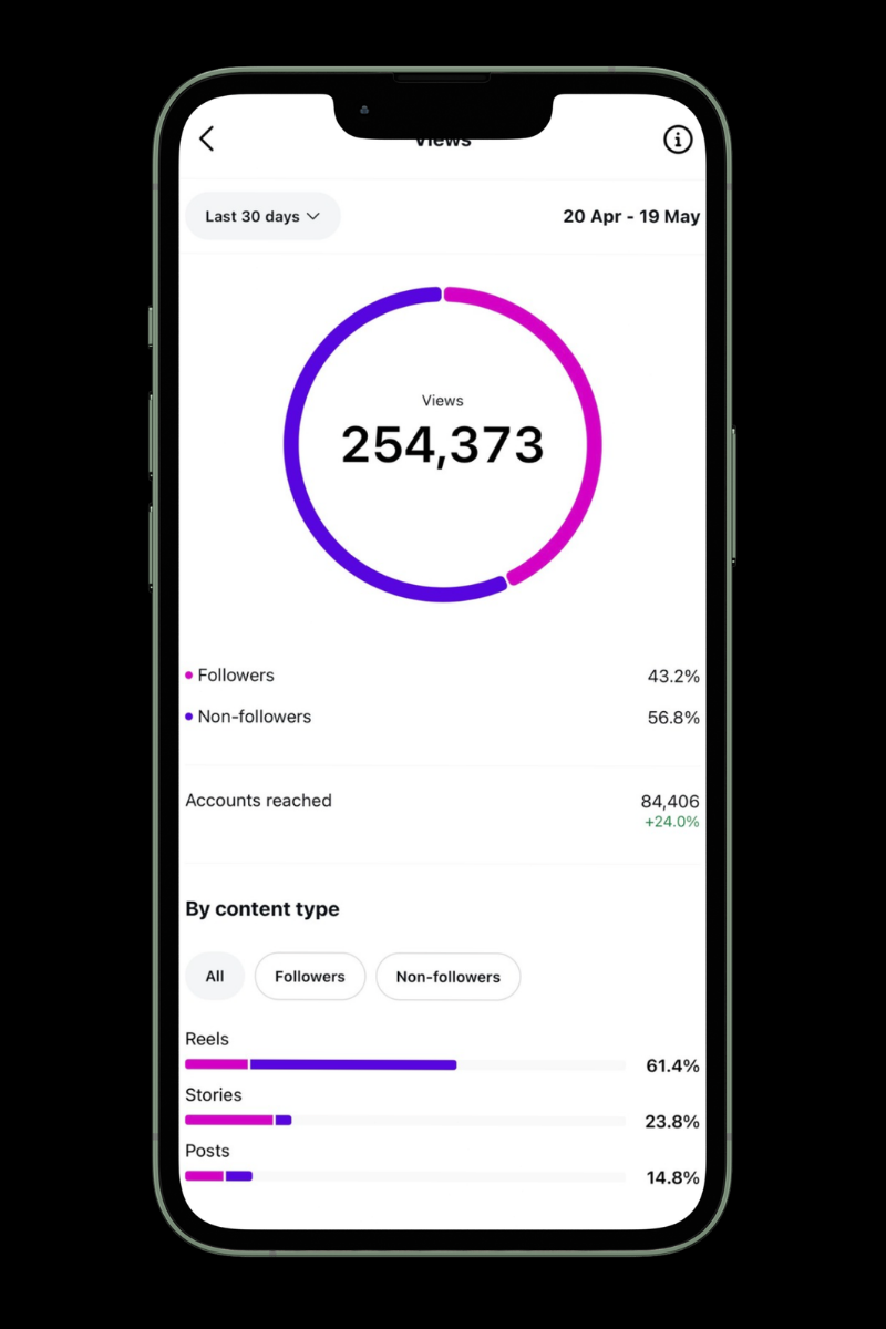 Phone screen displaying social media analytics with total views of 254,373 from April 20 to May 19, including breakdown of followers and non-followers and content type statistics.