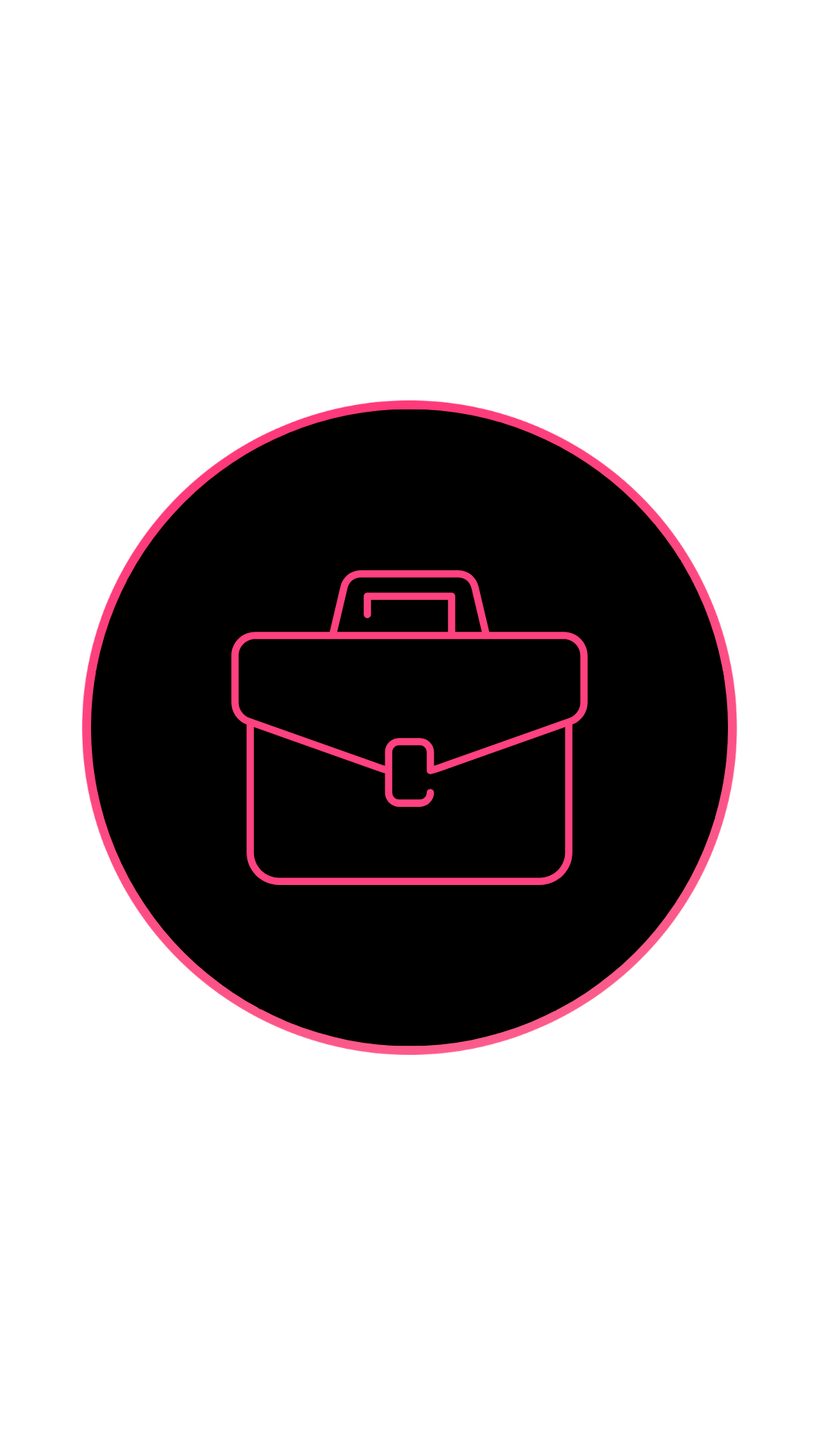 Neon pink outline of a briefcase within a pink circle on a black background.