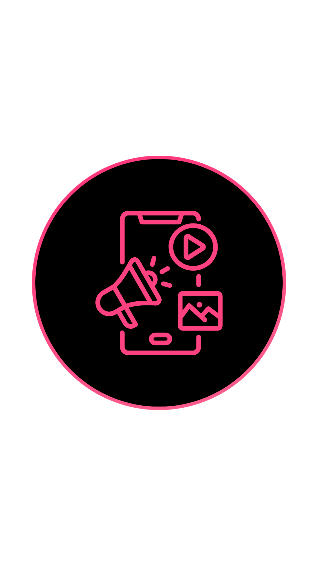 Outline of a smartphone with a megaphone, a video play button, and a picture icon inside a circle, representing social media or content sharing.