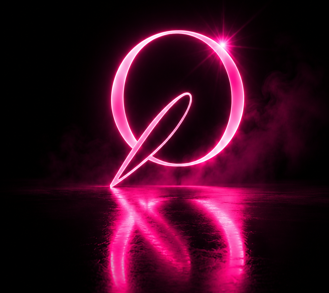 Glow-in-the-dark pink neon letter Q with a stylized needle overlay, reflecting on a wet surface in a dark environment.