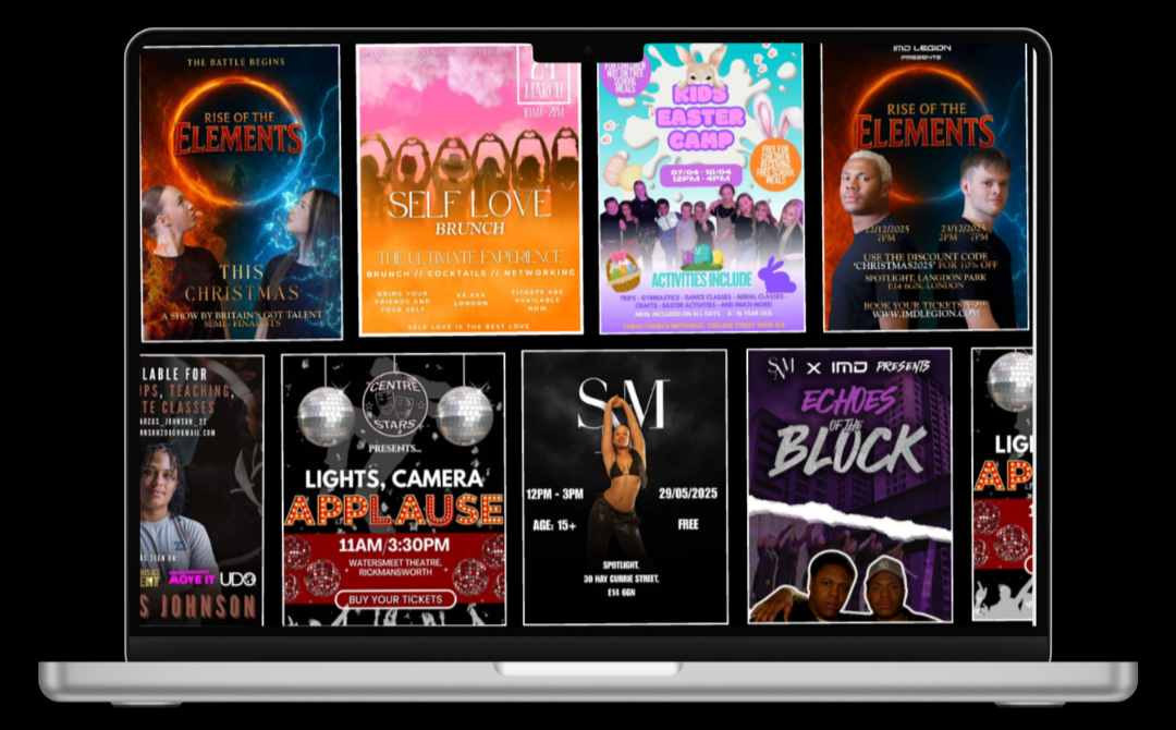Digital display featuring various event posters, including a Christmas talent show, self-love brunch, Easter camp, birthday celebration, and dance performances.