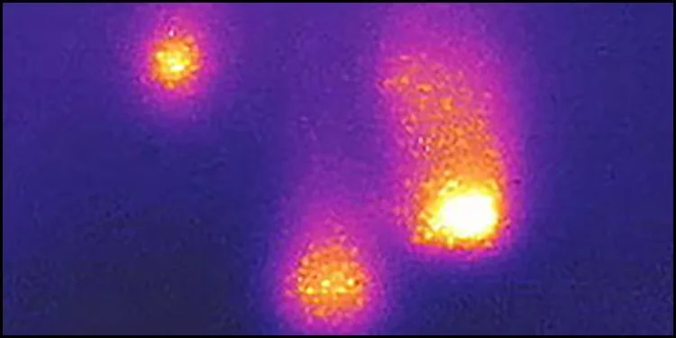 Thermal image showing three bright hot spots against a dark background, with one larger and two smaller hot areas.
