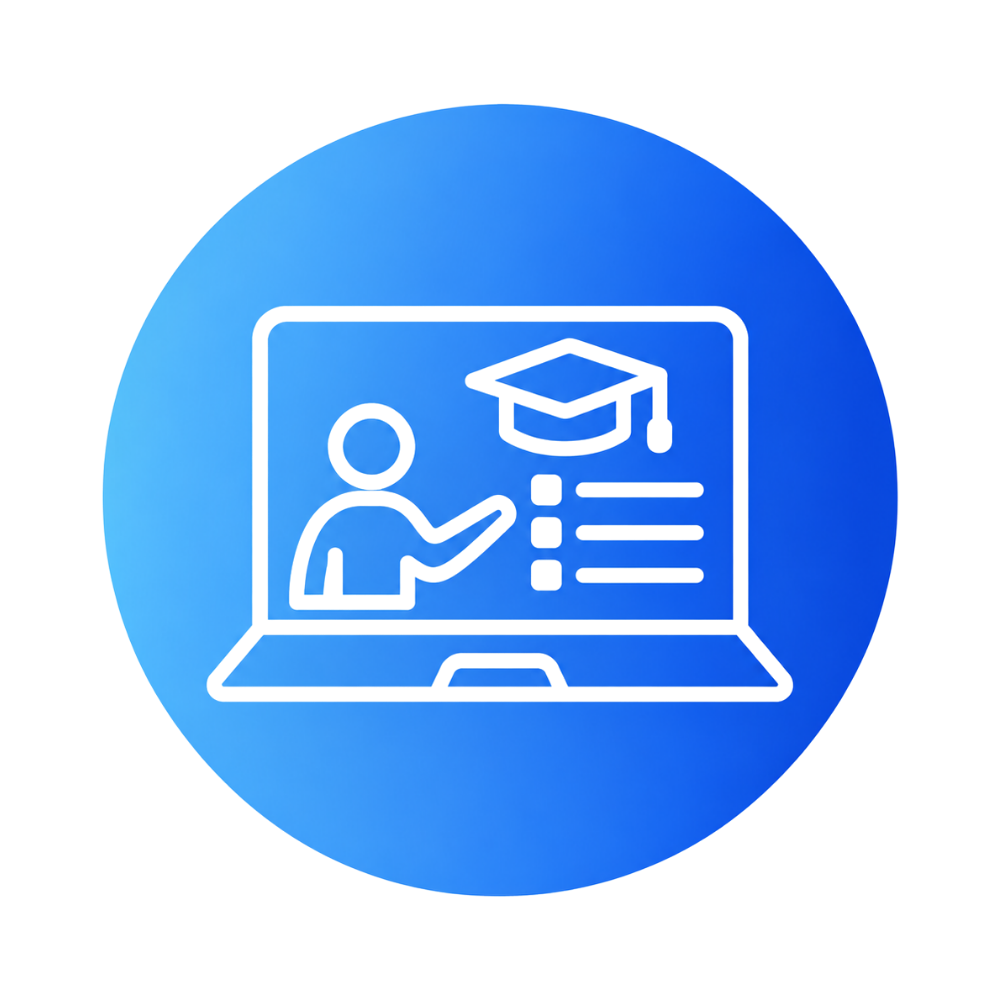 Icon of a person in front of a laptop with a graduation cap and checklist, representing online education or virtual learning.