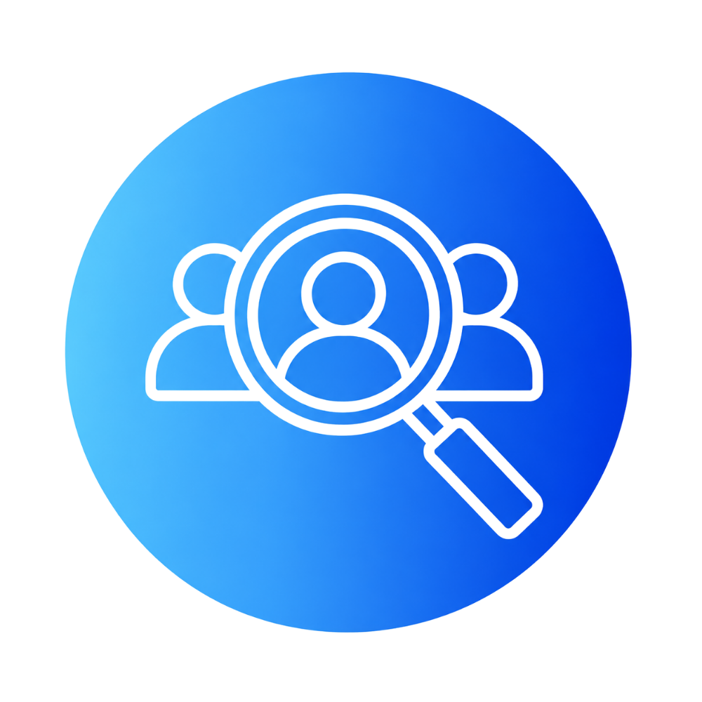 Blue circular icon with a magnifying glass focusing on a group of people, representing search or investigation of a team or group.