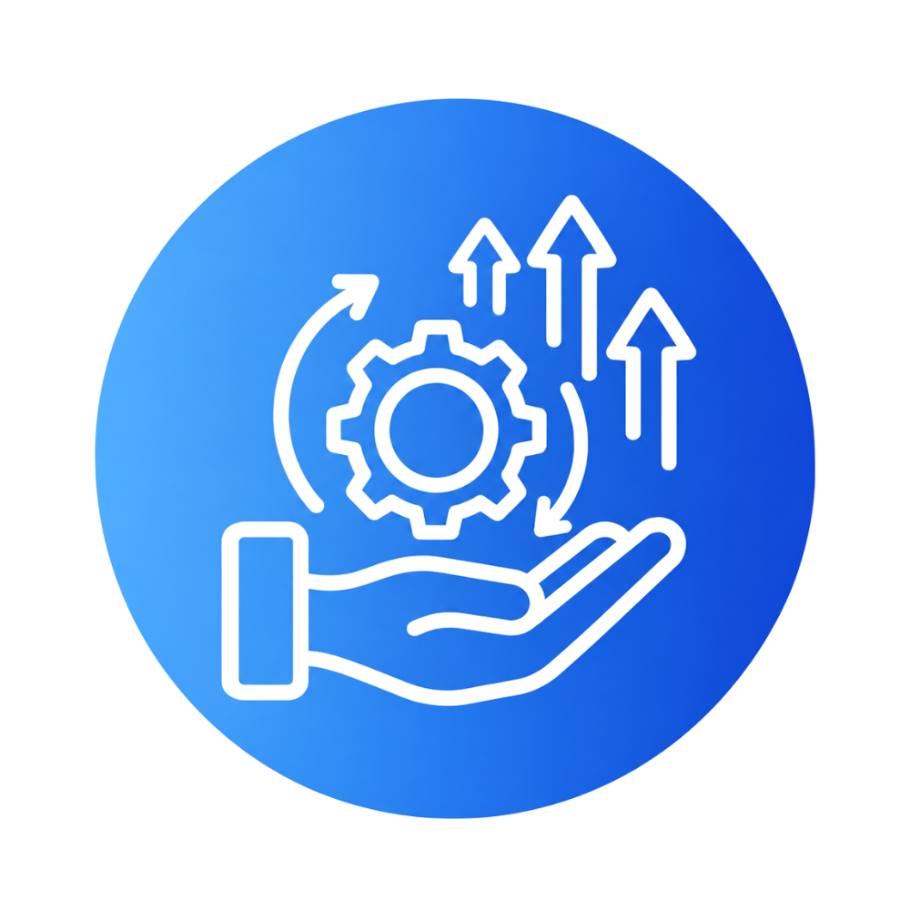 Blue digital coin icon with a gear and upward arrows inside, symbolizing technology and growth.