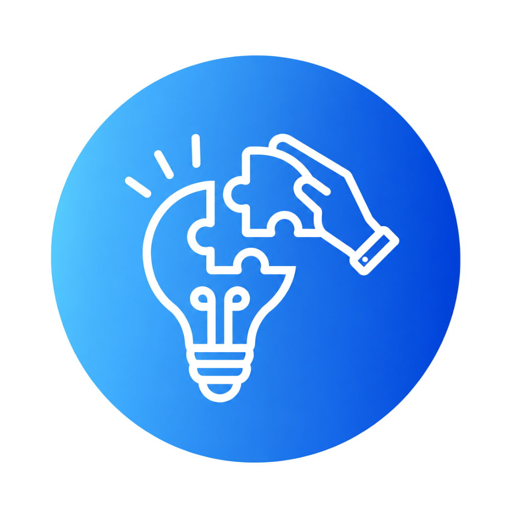 A blue circular icon with a puzzle piece and a hand placing the puzzle piece into a lightbulb shape, representing ideas or innovation.