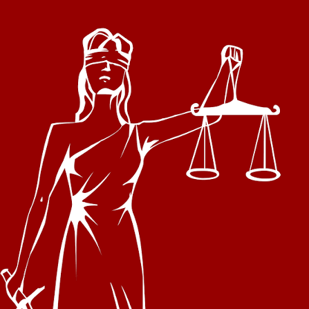 Imagem de uma mulher com uma balança na mão, simbolizando a justiça, usando uma coroa no estilo da Justiça com fundo vermelho.