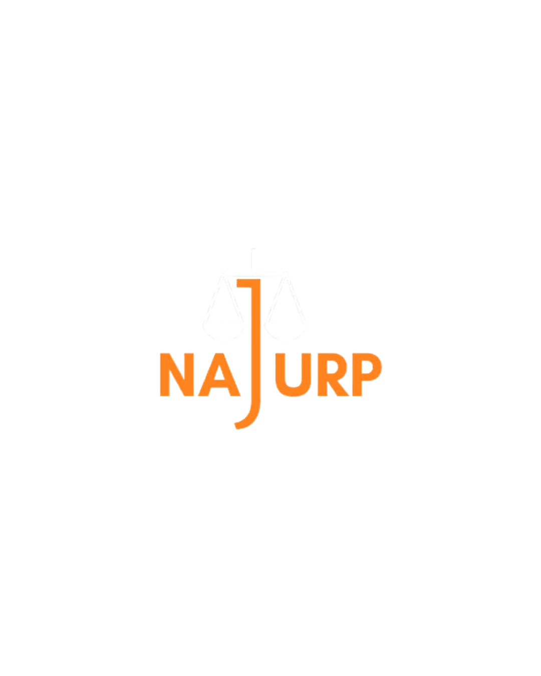 Logotipo com balança de justiça estilizada e as letras NAJ URP em destaque, usando cores branca e laranja.