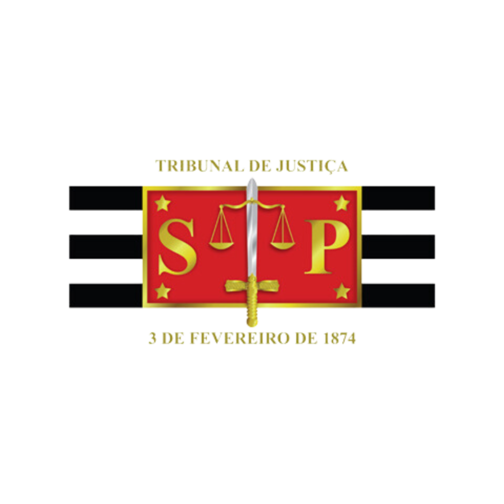 Emblema do Tribunal de Justiça de Santa Catarina com a sigla 'STJ', uma balança da justiça, estrelas douradas, e faixas pretas e brancas.