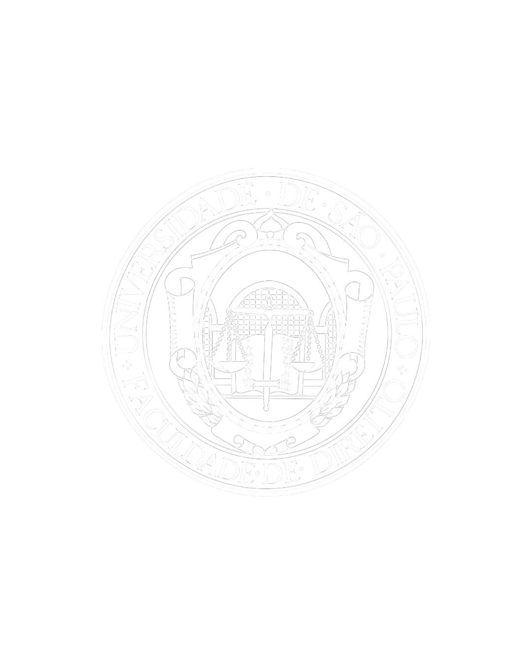 Logotipo em preto e branco da Universidade de São Paulo, Faculdade de Direito, com detalhes de balança de justiça e elementos acadêmicos.