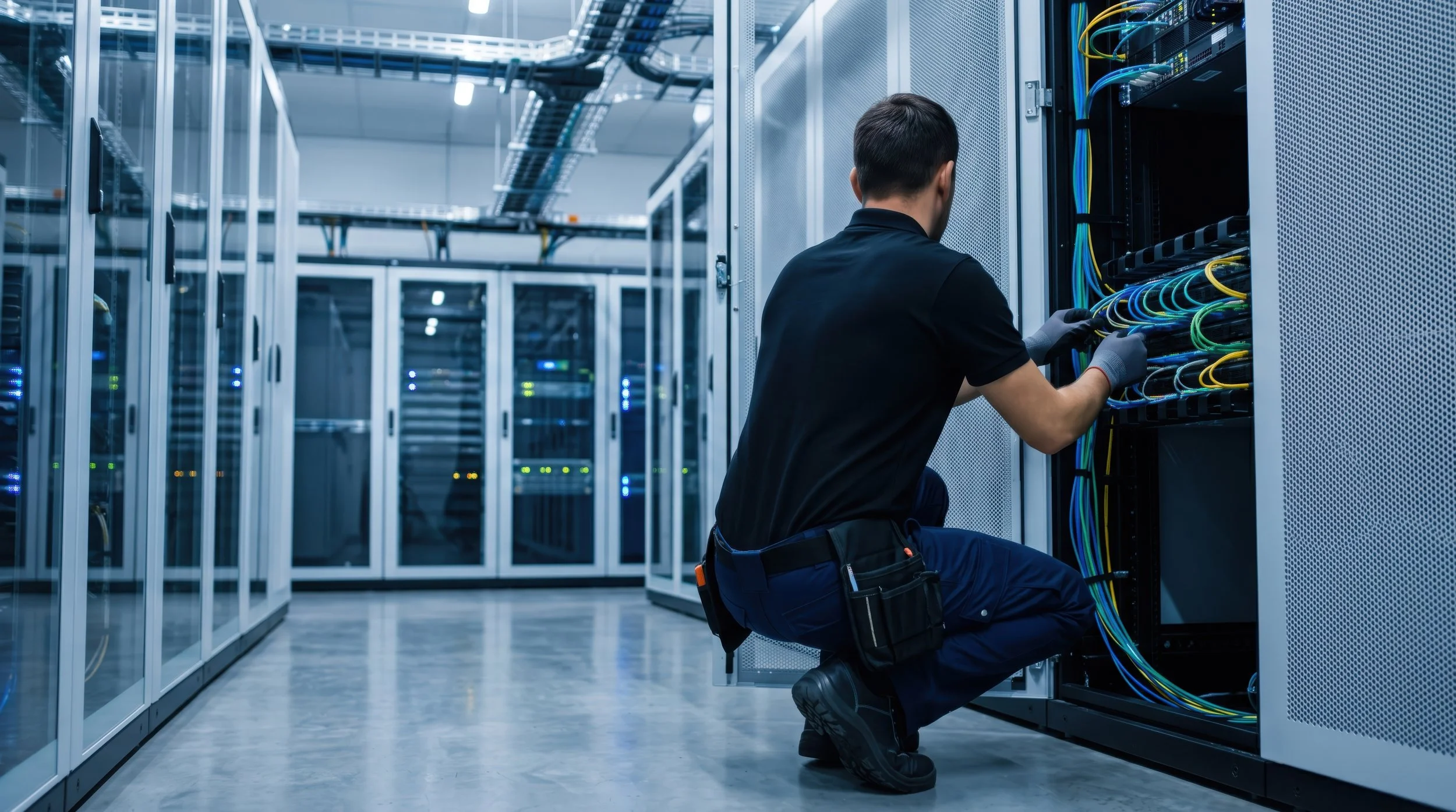 A FiberEdge technician working on fiber cabling inside a data center rack