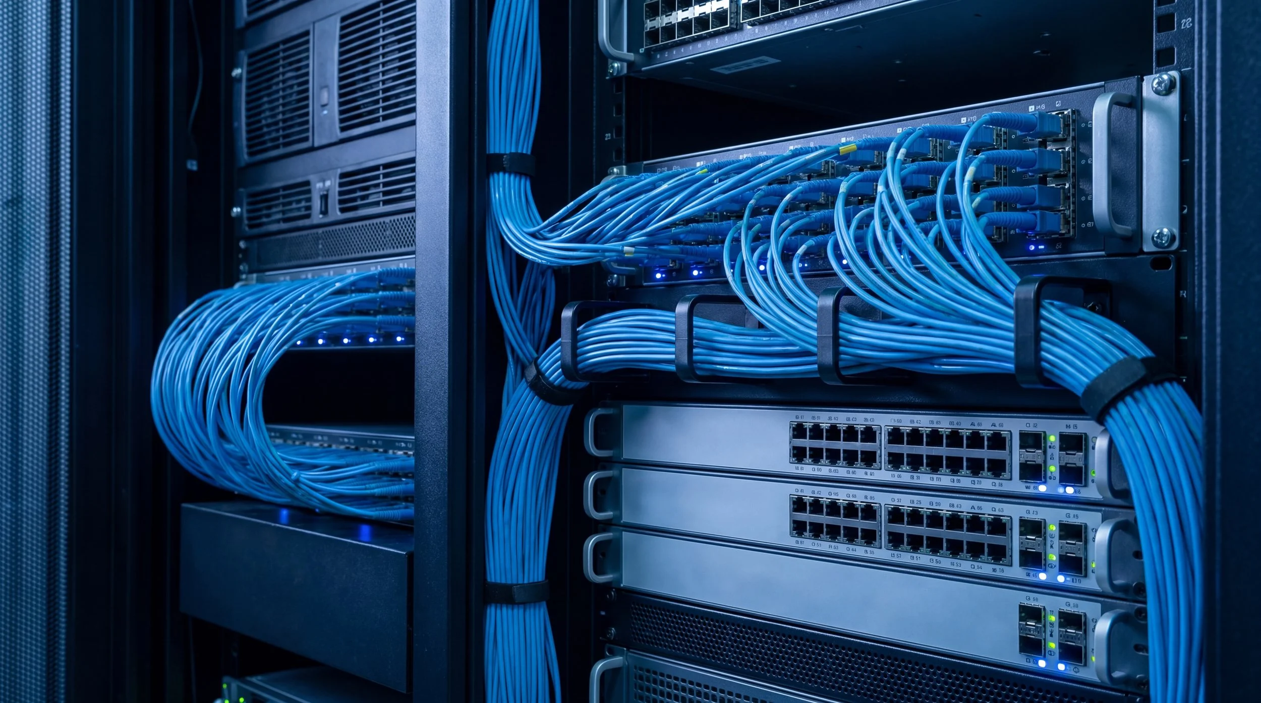 Precisely bundled network cabling routed through a data center rack