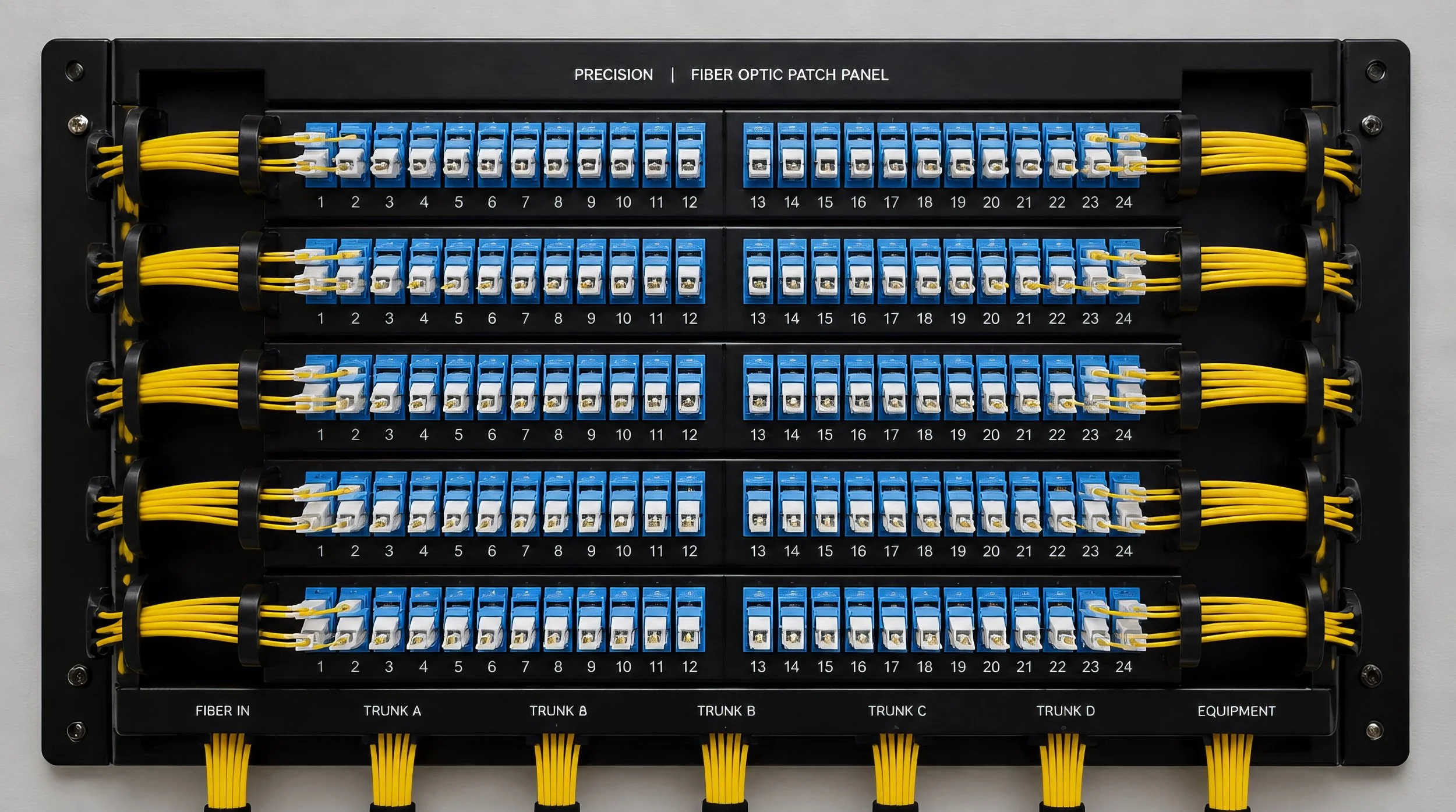 A precisely dressed fiber optic patch panel with labeled trunk routes