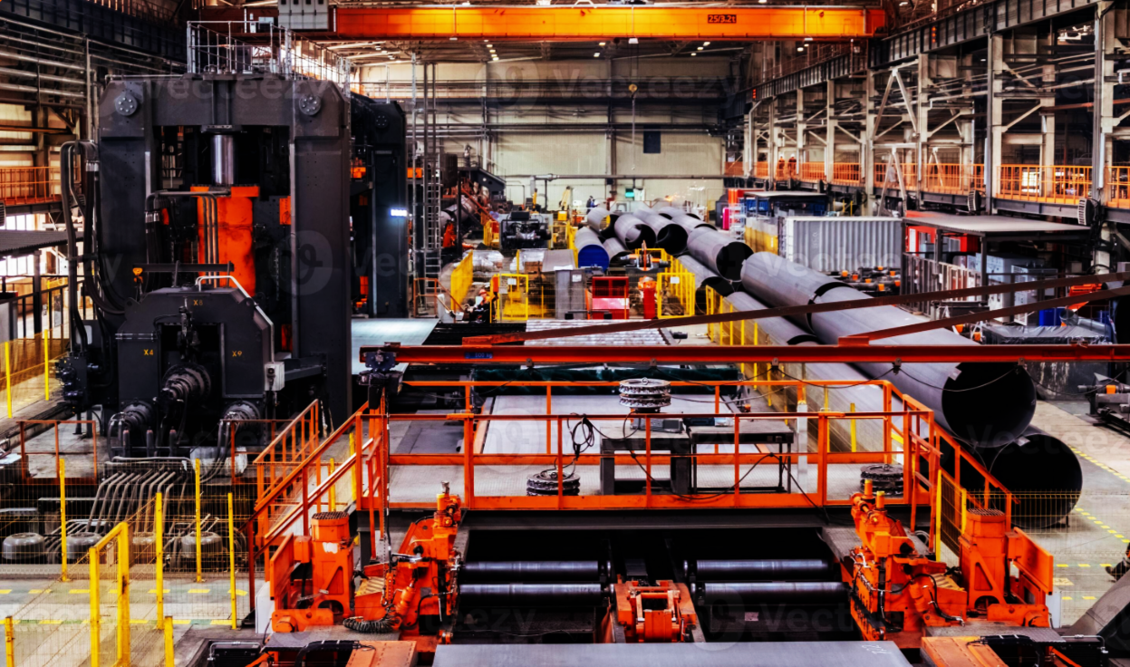 Industrial manufacturing factory with large machinery, pipes, and orange safety barriers.