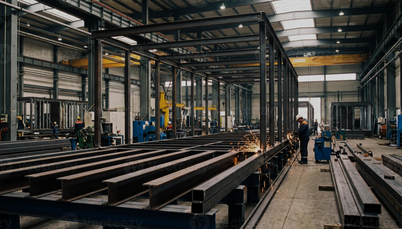 Industrial factory with workers welding metal beams, sparks flying in a spacious workshop with overhead cranes and machinery.