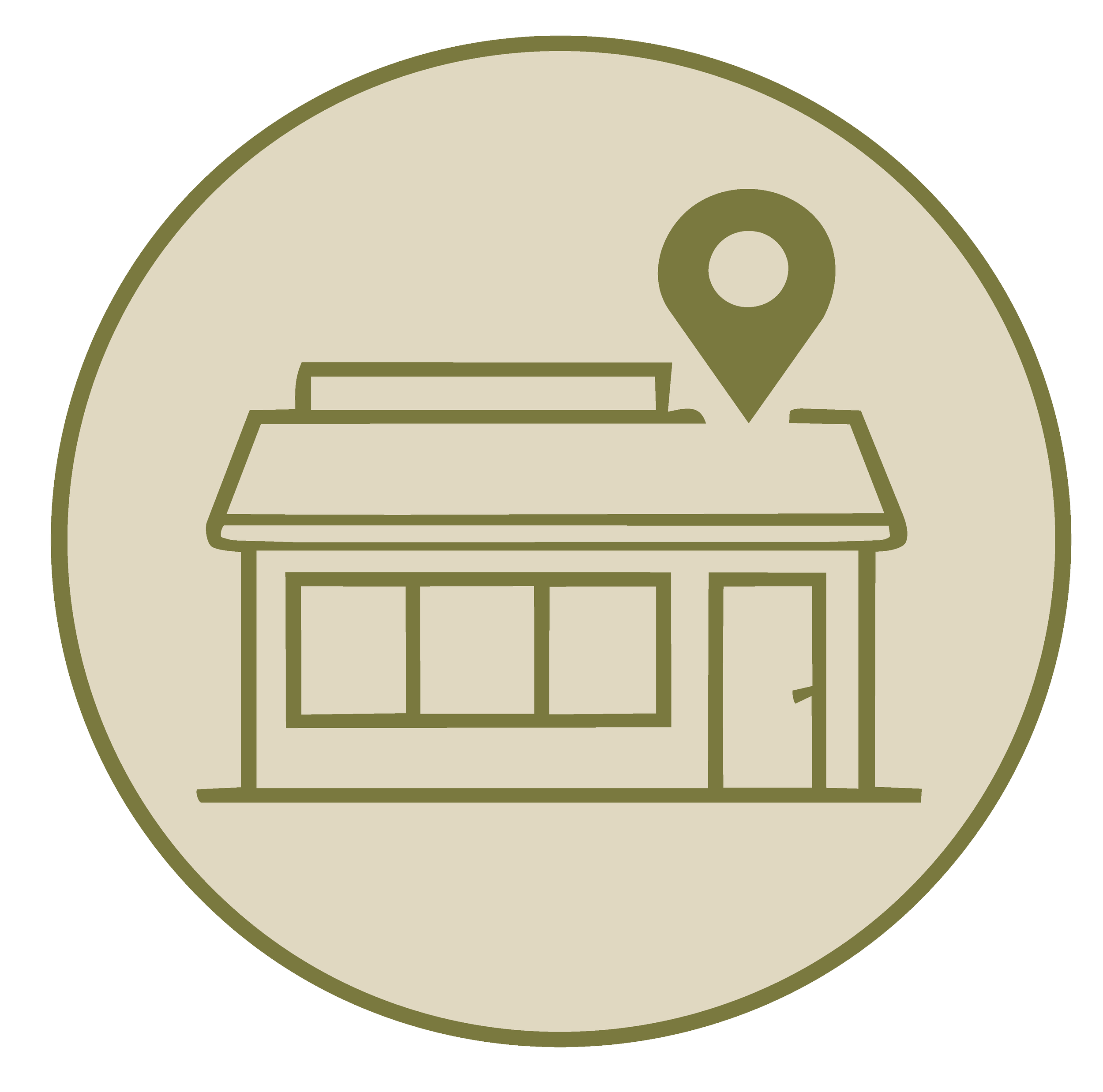Stylized label with a house icon and a location pin inside a beige circle.