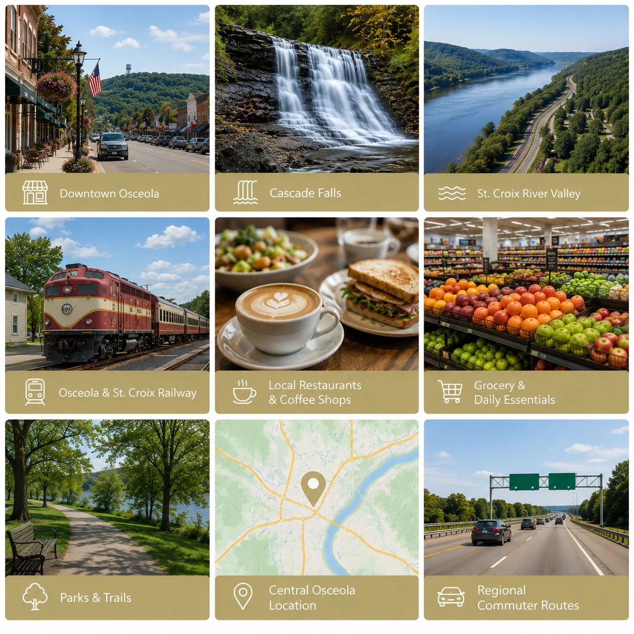 A collage of nine images representing the attractions and amenities of Osceola, including downtown Osceola, Cascade Falls, St. Croix River Valley, Osceola & St. Croix Railway, local restaurants and coffee shops, grocery and daily essentials, parks and trails, a map of Central Osceola, and regional commuter routes.