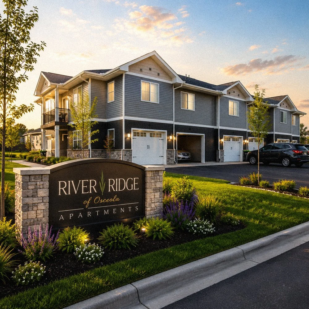 A modern apartment complex named River Ridge of Osceola with a landscaped lawn and a stone sign, set during sunset with parked cars nearby.