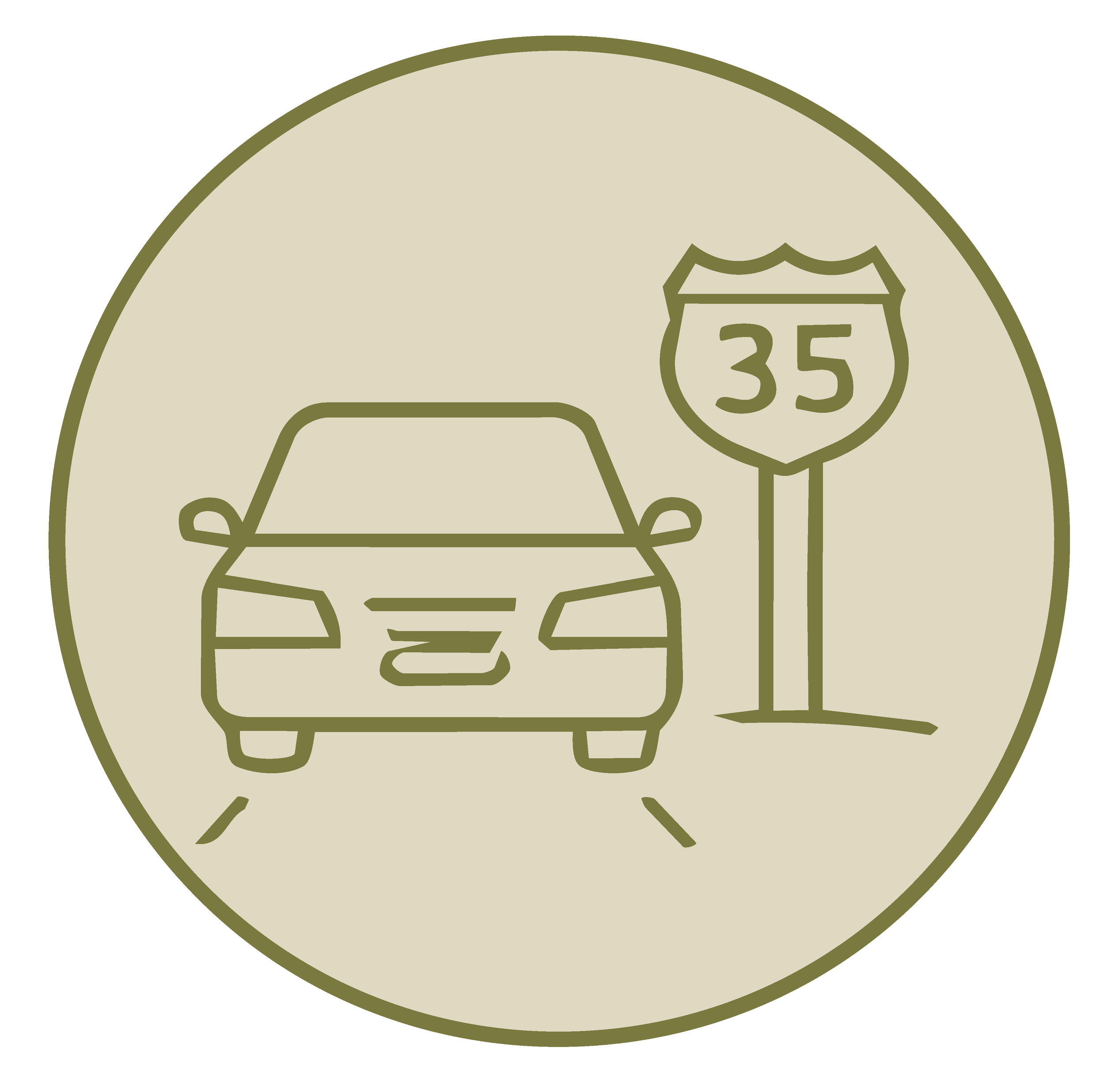Illustration of a green road sign with the number 35 inside a shield shape, positioned on a beige background.