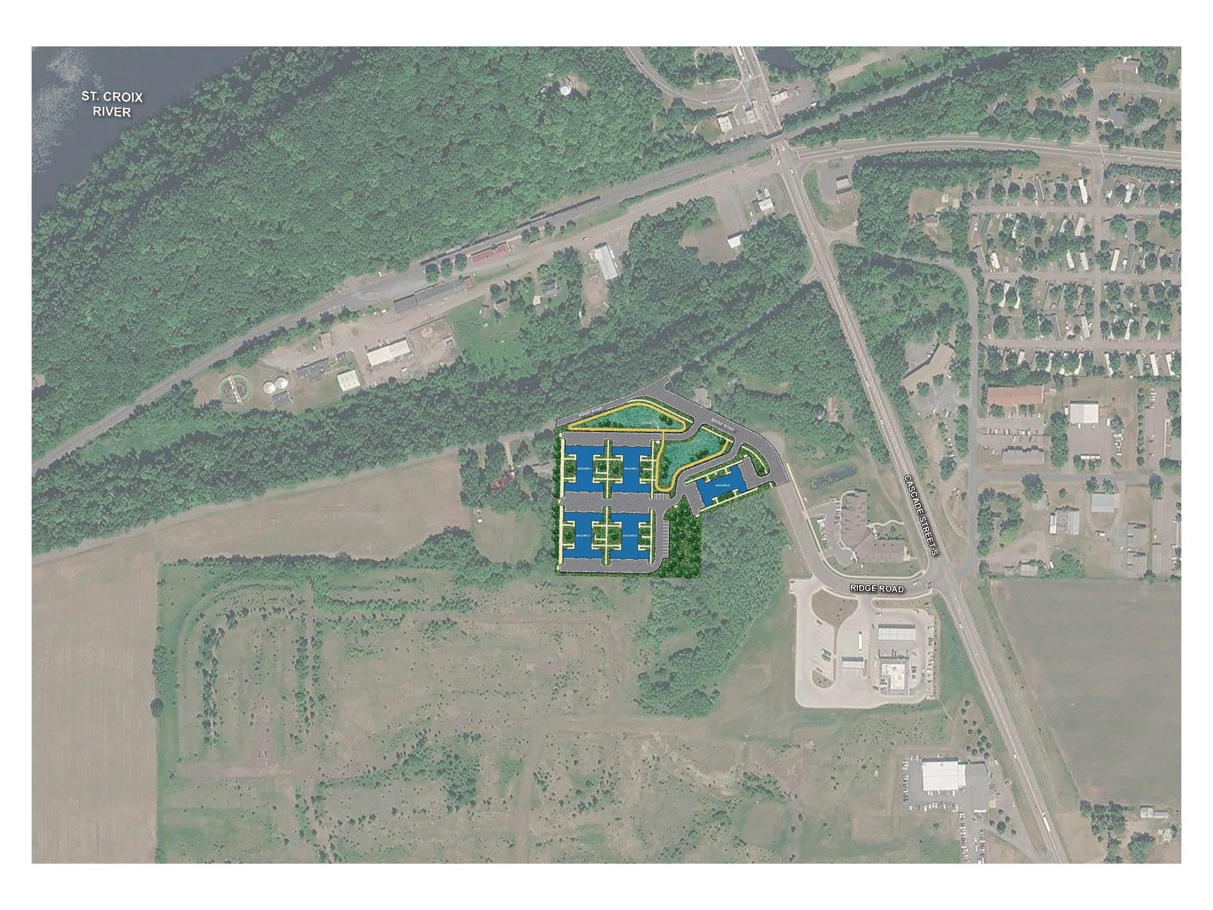 Satellite map showing a river, wooded areas, roads, residential neighborhoods, and landscaping plans for a development project.