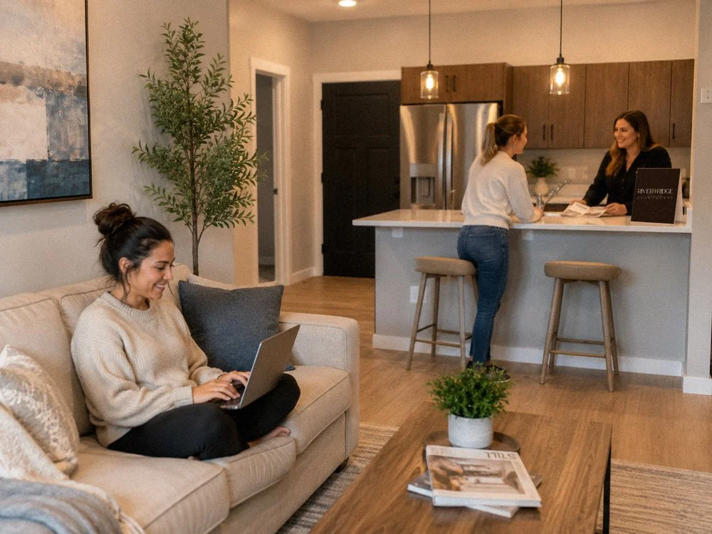 A woman sitting on a beige couch using a laptop, another woman standing at a kitchen counter talking to a woman behind the counter, with a potted plant on the table and books nearby.