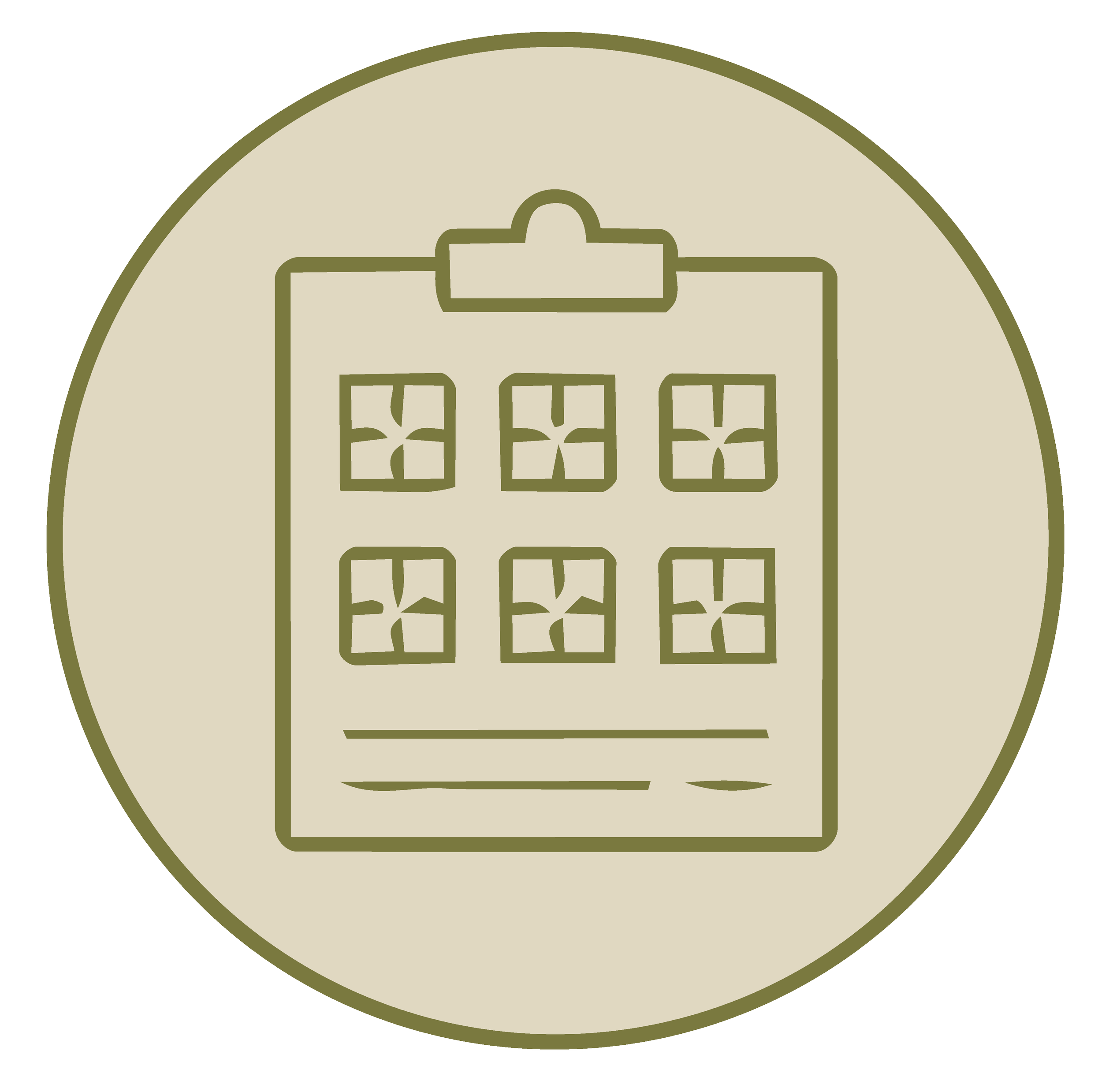 Illustration of a log cabin with a door and two windows, surrounded by a beige background and outlined with a greenish border.