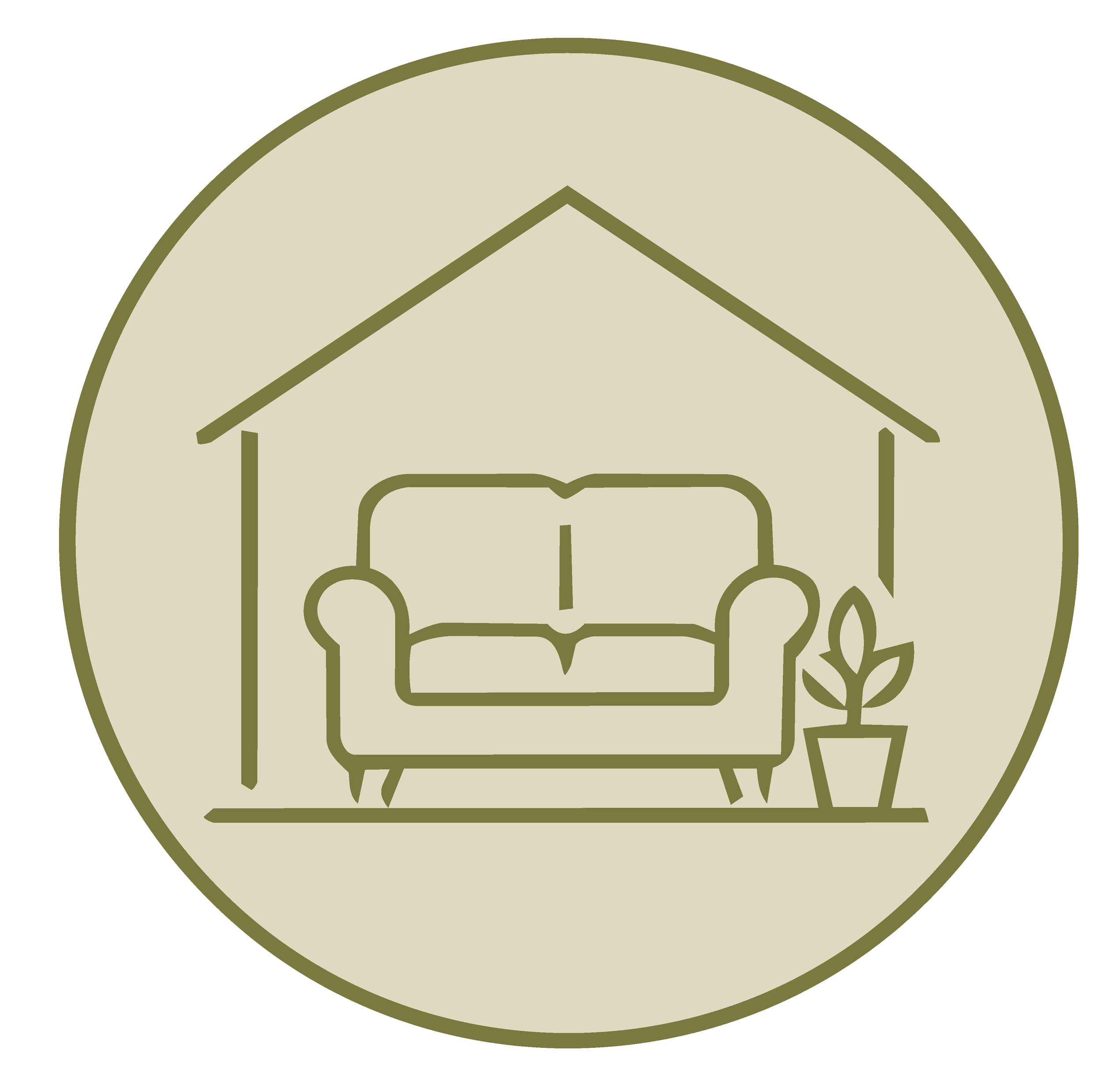 Illustration of a tent with an open door, set outdoors with trees and potted plants nearby, in a simple, minimalistic style.
