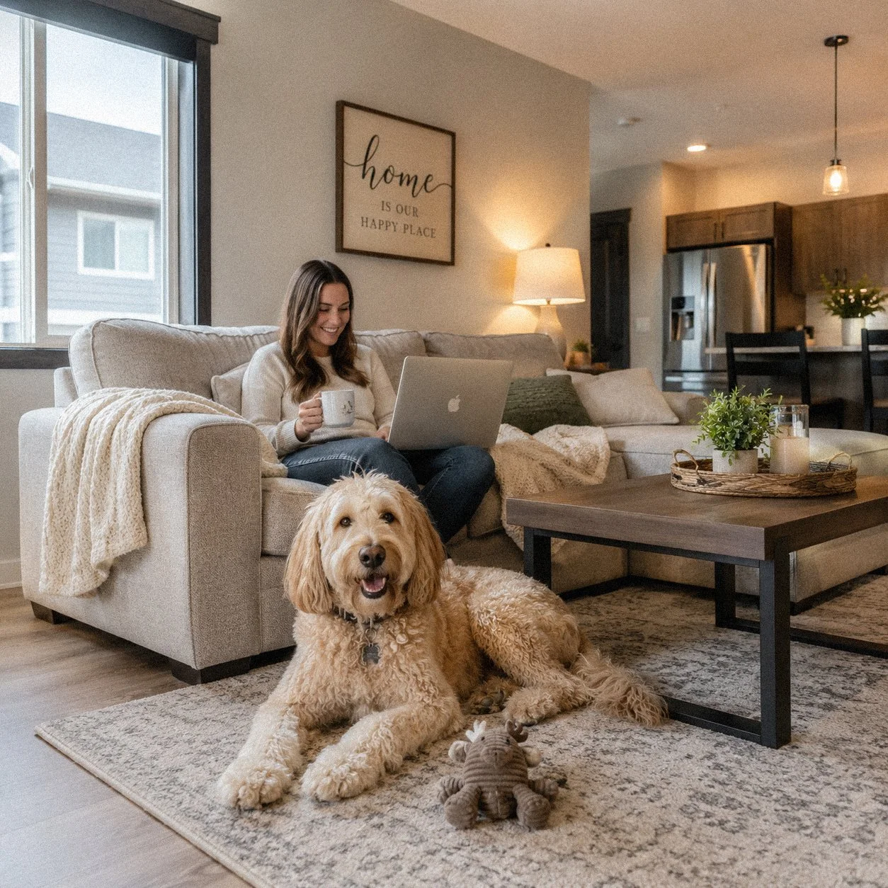 A woman sitting on a beige couch in a living room, smiling and holding a mug, with a laptop on her lap. A large, golden doodle dog is lying on a patterned rug in front of her, with a stuffed animal toy nearby. The room has a coffee table with plants, candles, and decor, and a wall sign that reads "home is our happy place." The background features a window, a lamp, and a kitchen area.