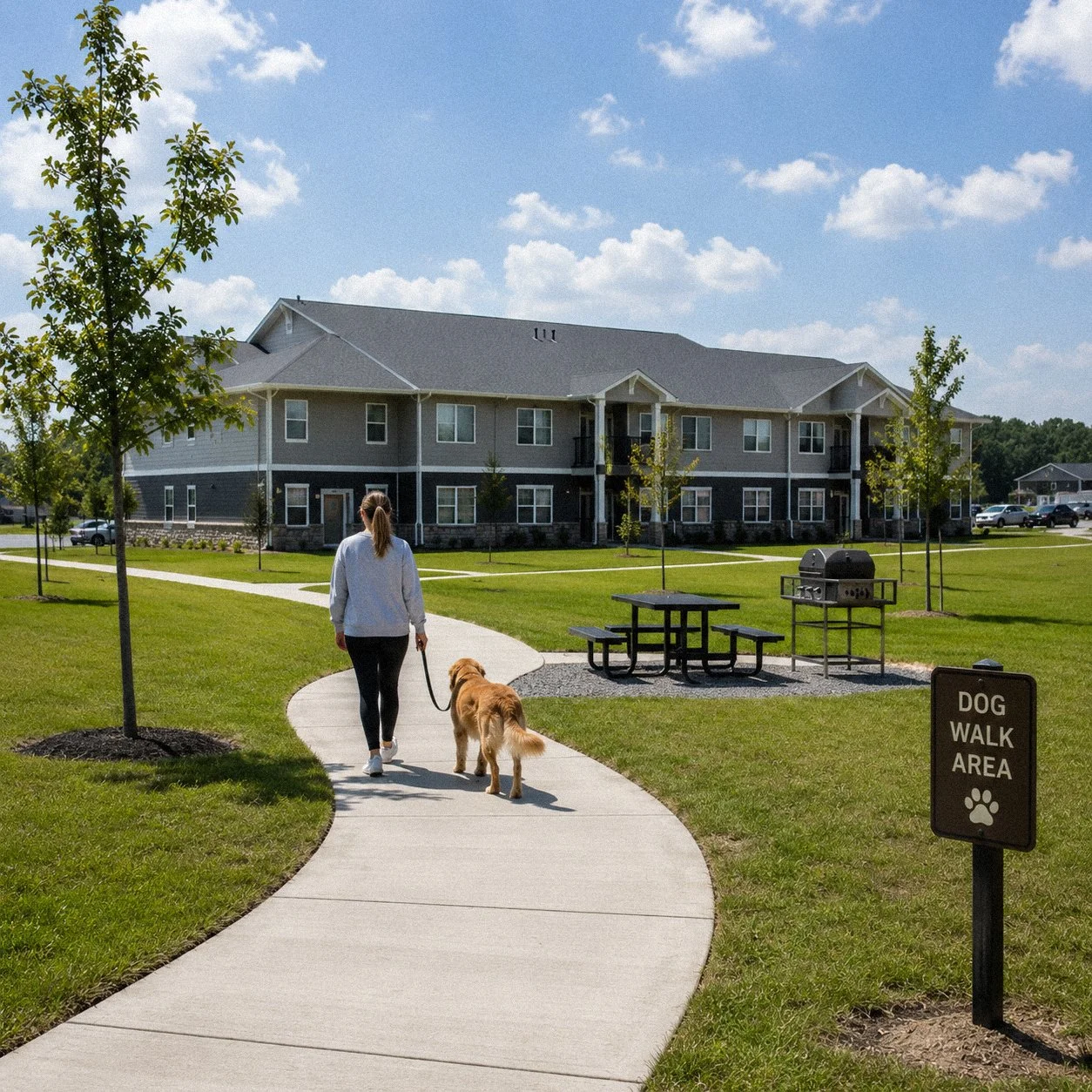 A woman walking her dog on a leash in a grassy park area near a residential building with a sign indicating a dog walk area.