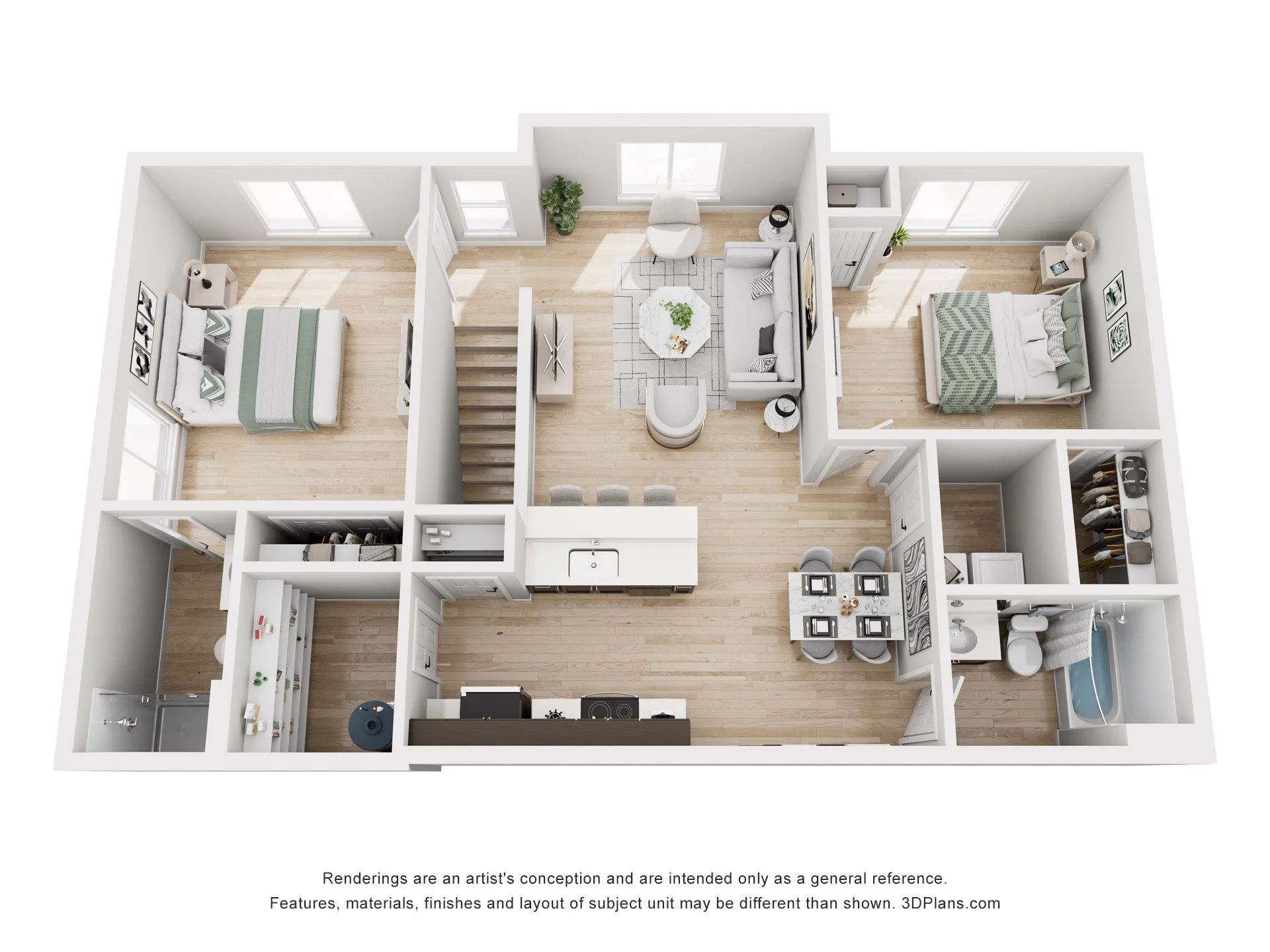 3D rendering of a modern apartment layout showing two bedrooms, a living room, a kitchen, a dining area, a bathroom, and hallways.