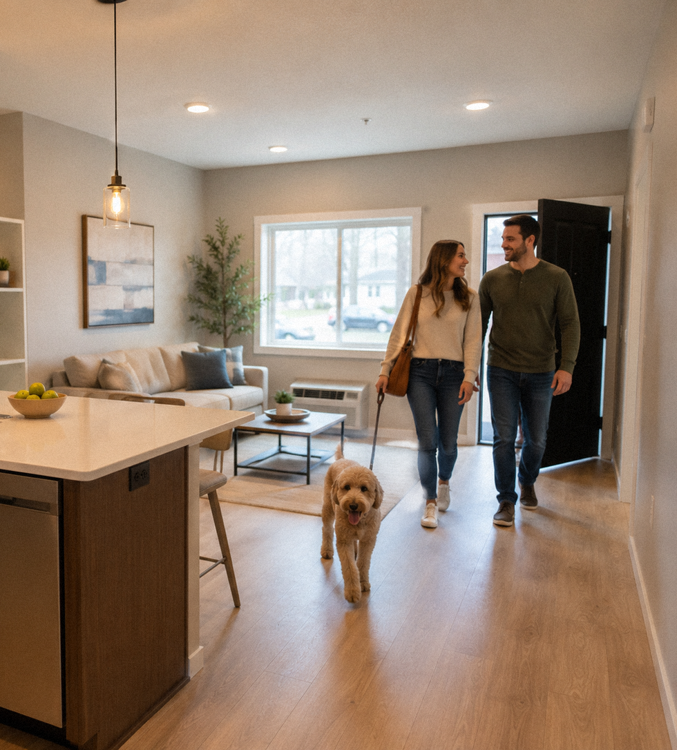 Couple walking through a living room with their dog on a leash.