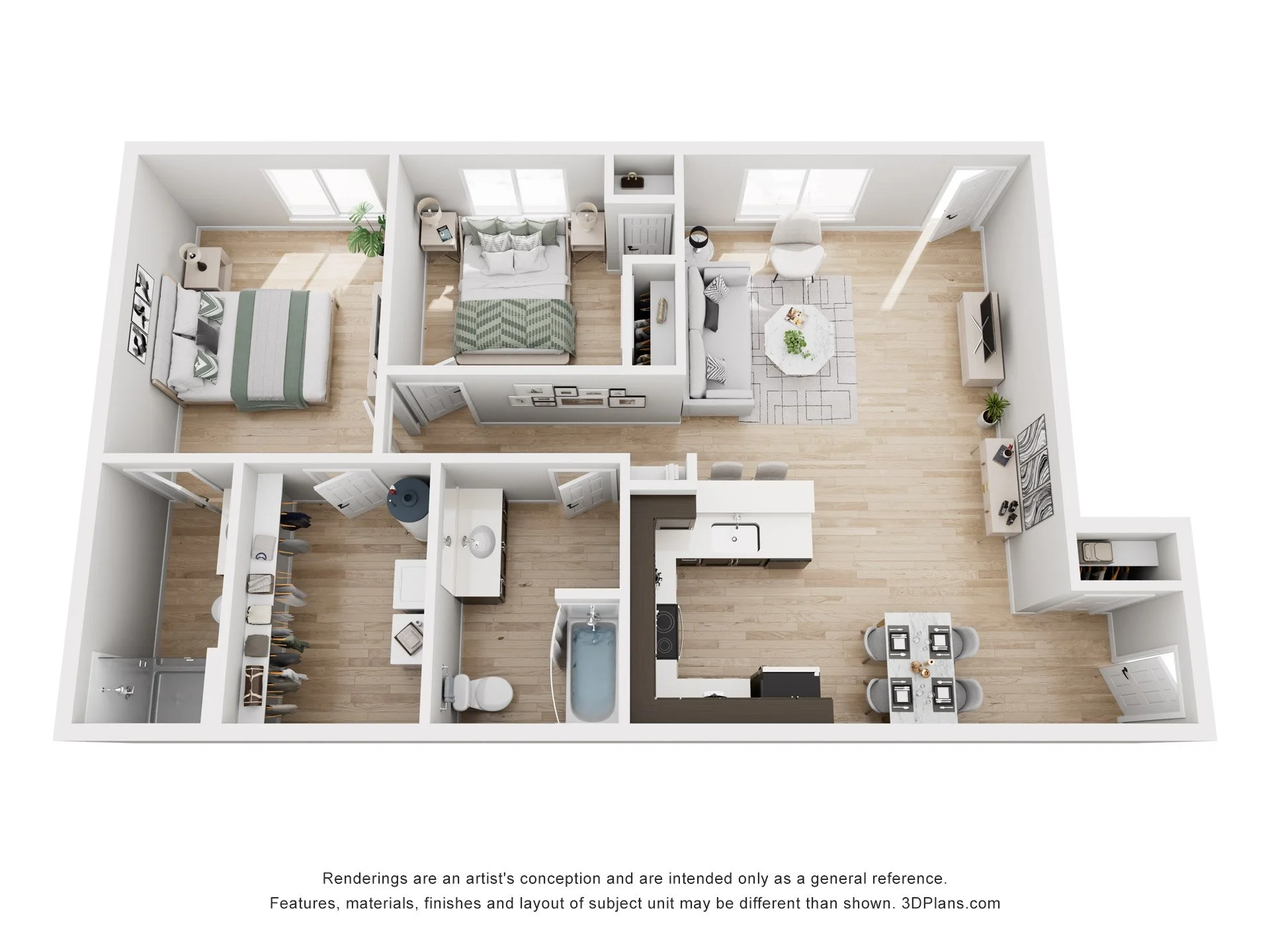 Top-down view of a modern apartment with bedrooms, bathroom, living room, kitchen, and dining area, featuring wood flooring, furniture, and appliances.