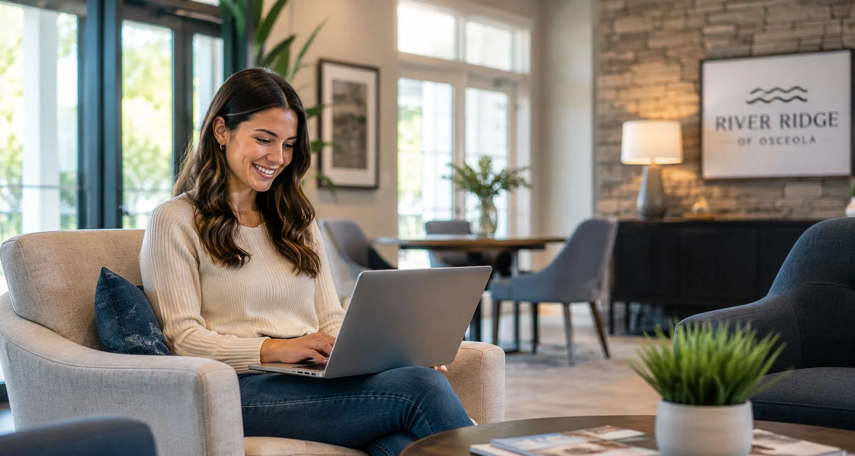 A smiling woman with long dark hair sitting on a beige armchair working on a silver laptop in a modern, well-lit sitting area with large windows, plants, and framed artwork on the walls, including a sign that reads "River Ridge of Osceola."