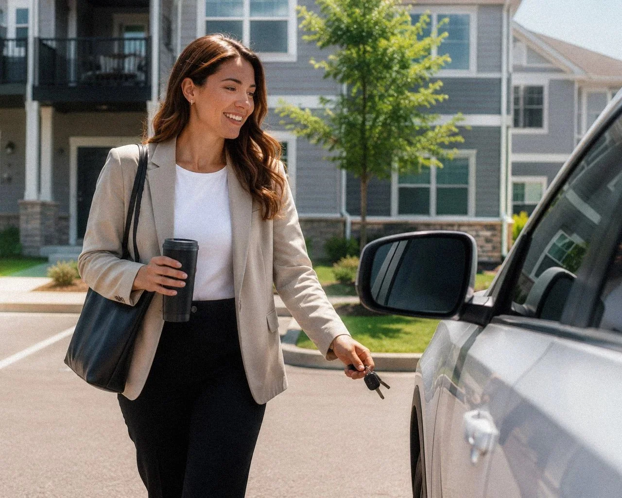A woman with long brown hair, wearing a beige blazer and black pants, is smiling while holding a coffee cup and a set of car keys. She is standing next to a white vehicle in a parking lot near residential buildings, with a tree in the background.