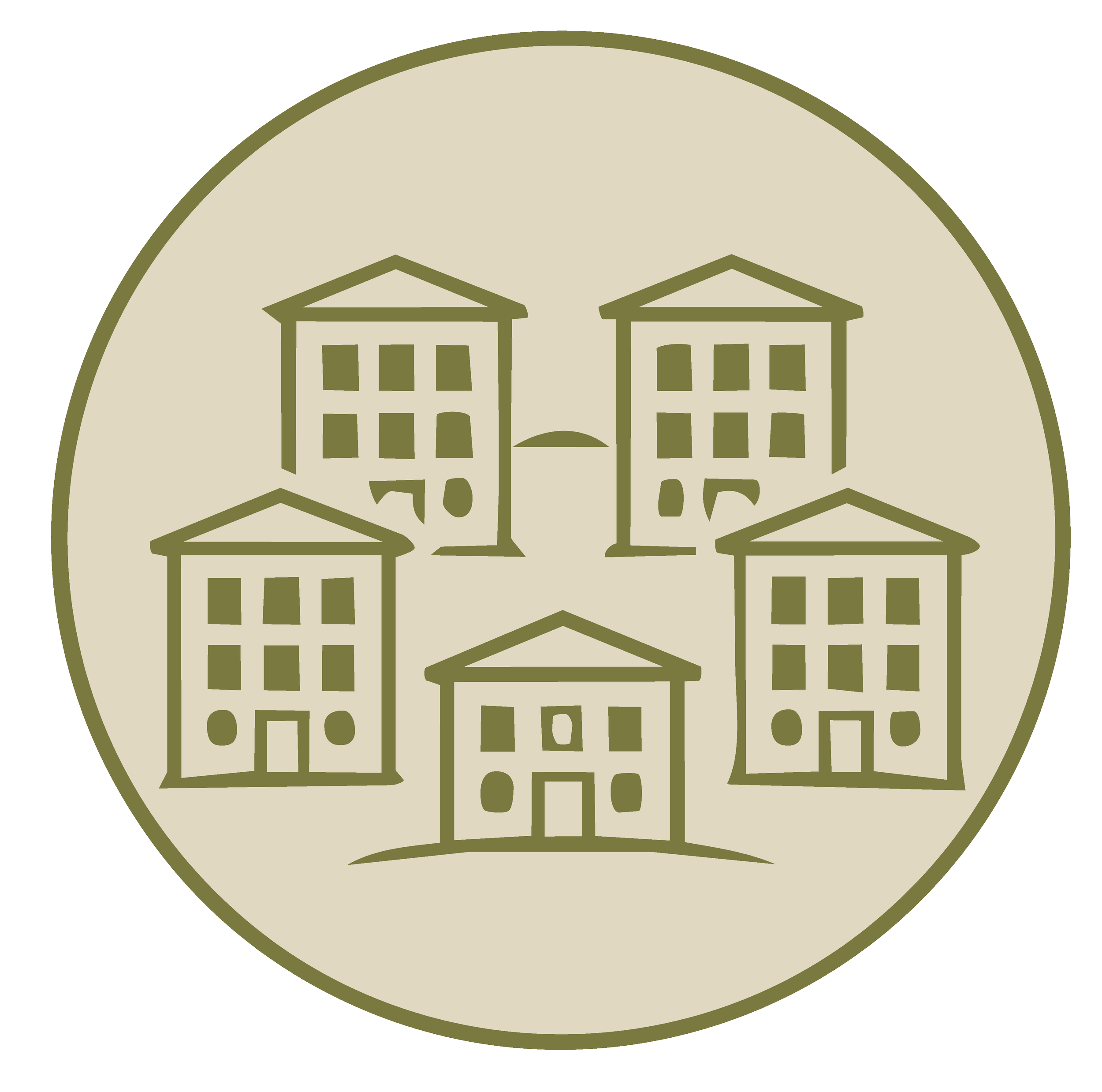 A stylized graphic of two houses with porches and windows on a circular beige background.