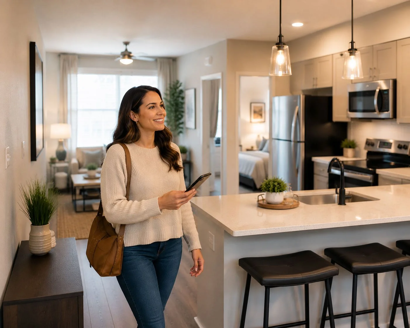A woman standing in a modern kitchen, smiling and holding a smartphone, with a living room and bedroom visible in the background.
