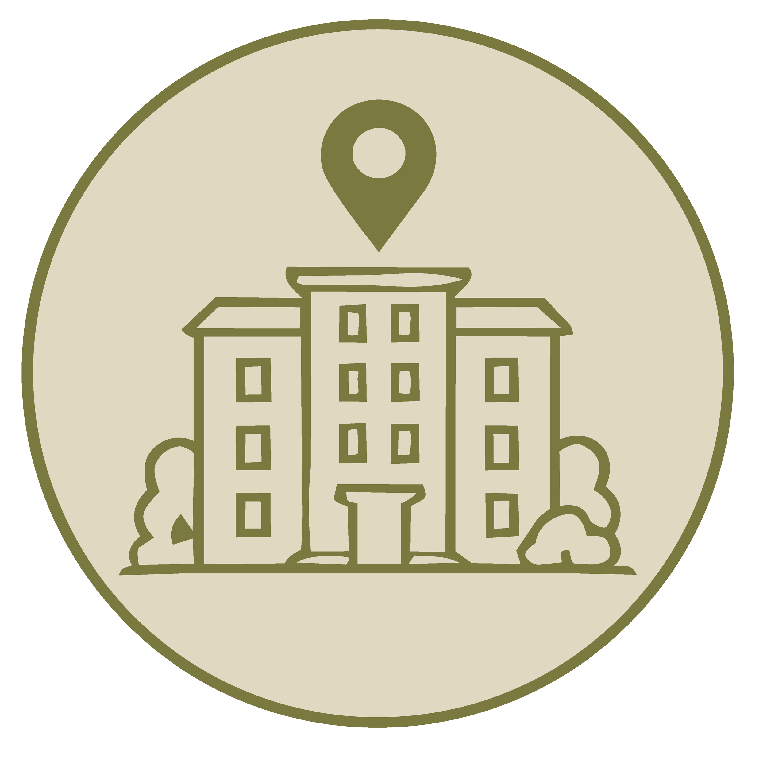 Illustration of a house inside a circle with trees in the background and the words 'Self-Care' at the bottom.