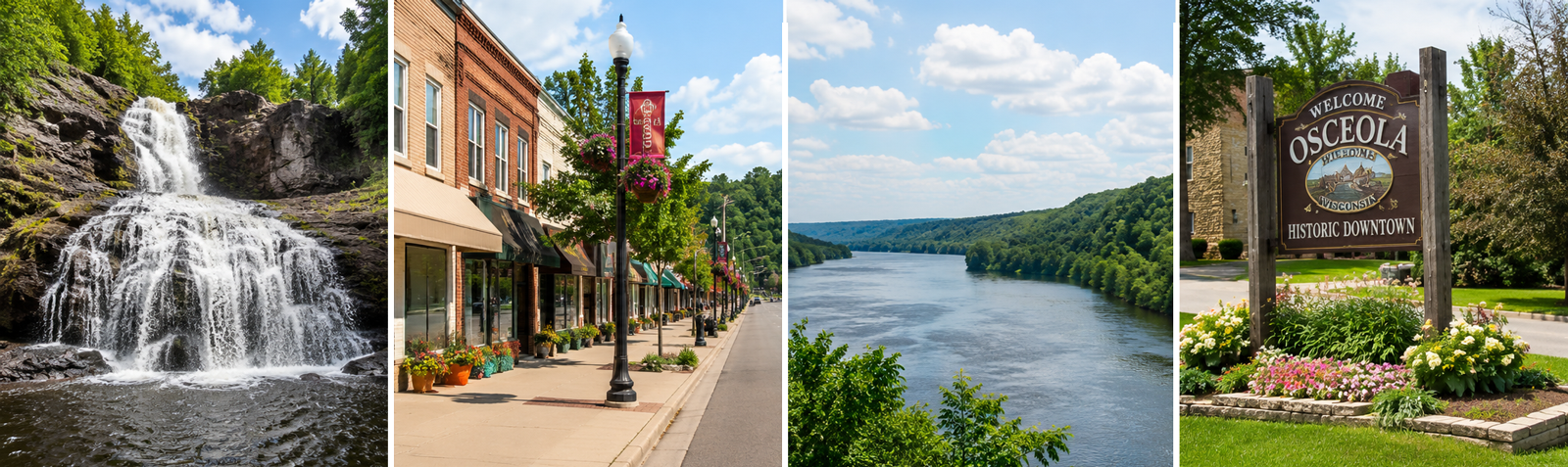 Four images showcasing different scenes. The first image is a waterfall cascading over rocks with lush greenery around. The second image is a downtown street with brick buildings, streetlamps, and colorful flower baskets. The third image is a wide river flowing through a green landscape under a partly cloudy sky. The fourth image is a park entrance sign that says 'Welcome Osceola' with a background of trees and a flower bed.