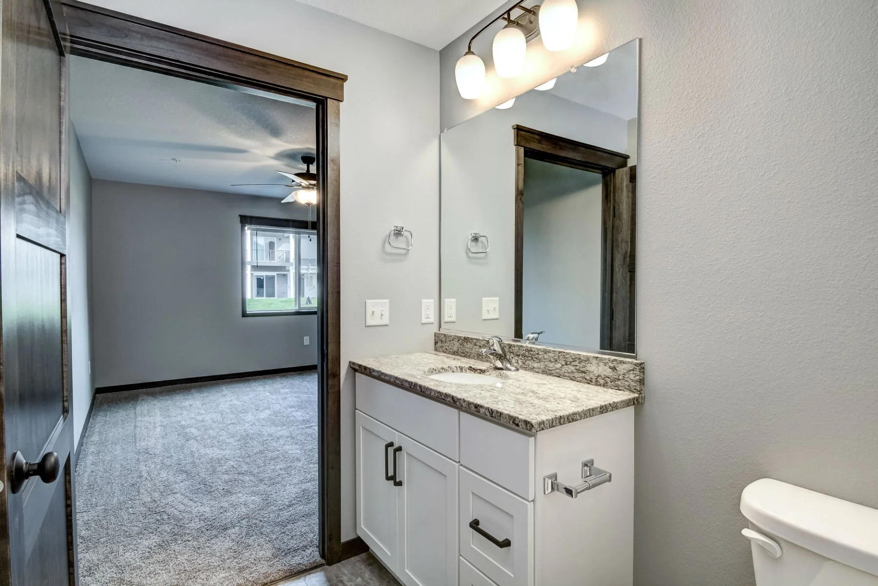 Bathroom vanity with granite countertop, large mirror, and white cabinets. Part of a toilet is visible on the right, and a light fixture with multiple bulbs is mounted above the mirror. Outside the bathroom, a room with gray carpet, a window, and a c