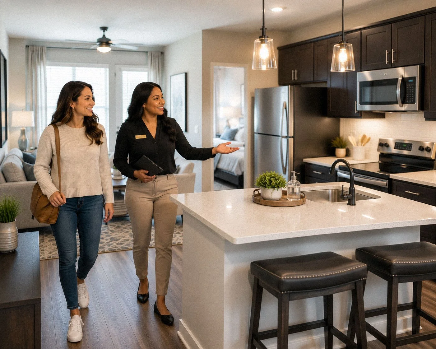 A real estate agent showing a woman a modern kitchen in an apartment or house.