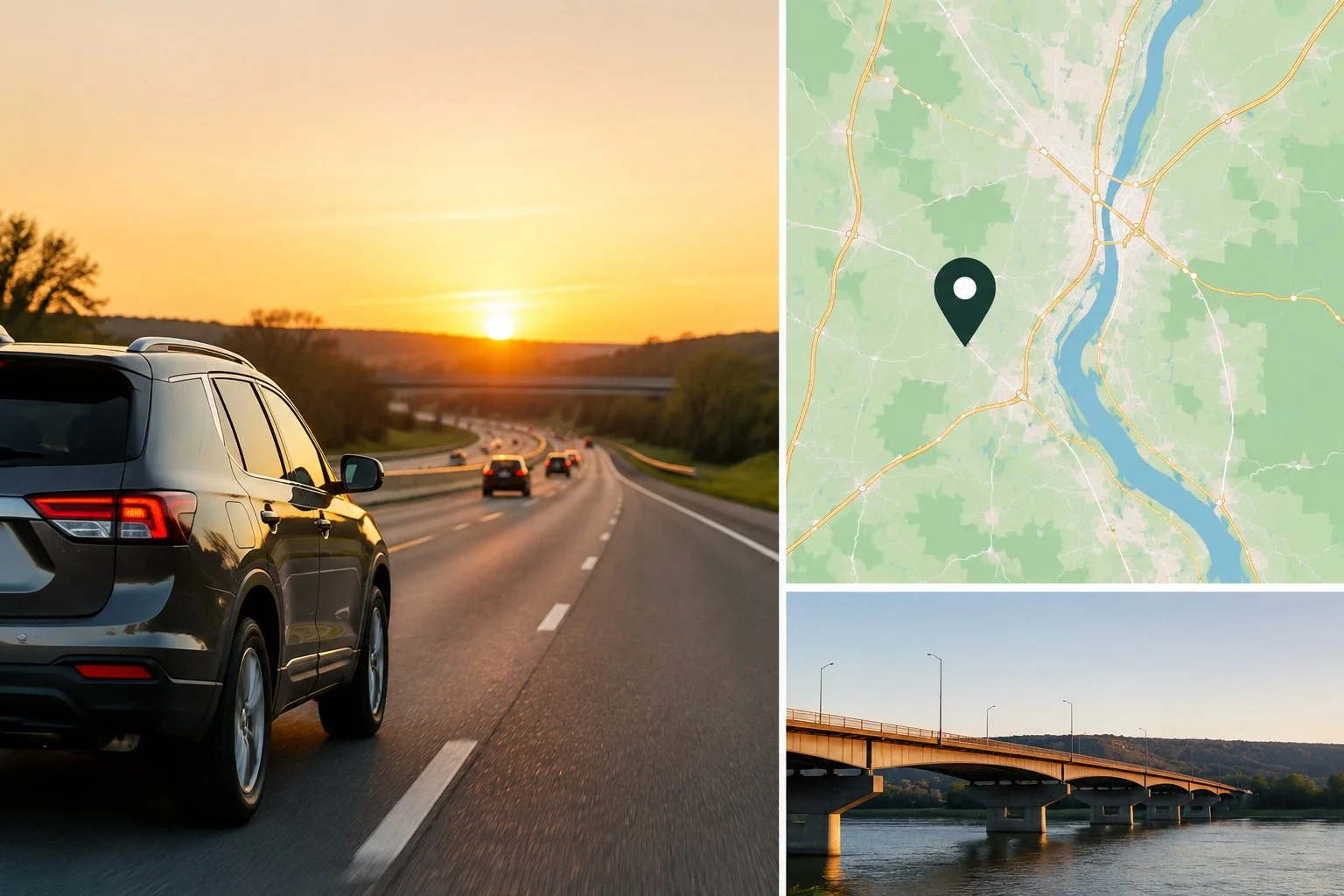 A collage of three images: the first showing a car driving on a highway at sunset, the second depicting a map with a location marker near a river, and the third featuring a bridge over a river in a landscape setting.
