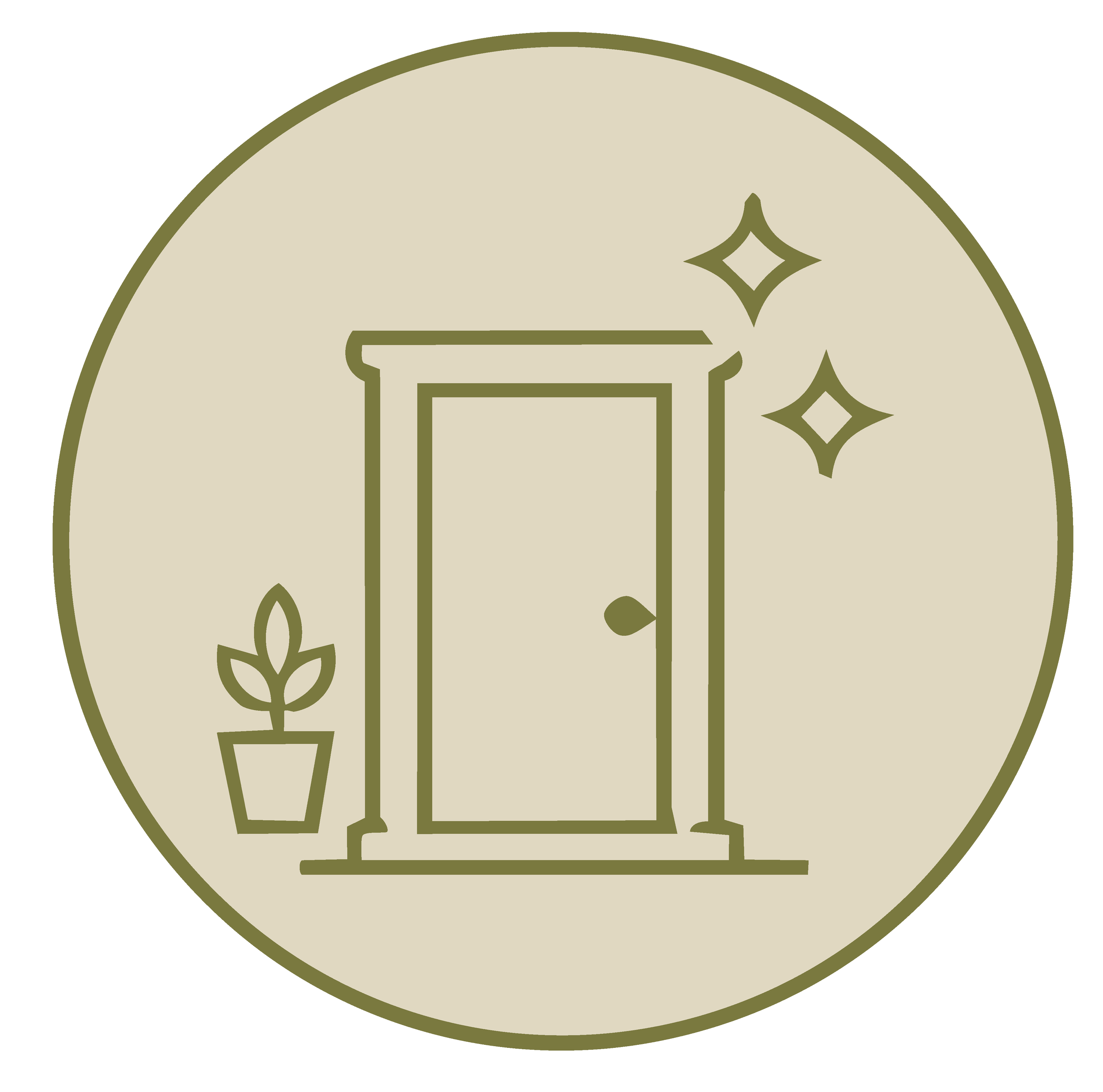 A circular badge with a beige background and olive green outline, featuring a simple illustration of a desk or table with a plant on it, and two decorative diamond shapes on the right side.