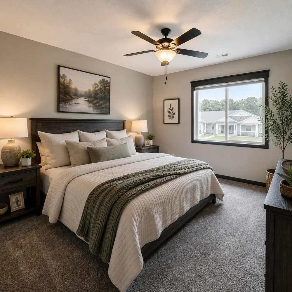 A bedroom with a large bed, dark wooden headboard, and white bedding, flanked by two lamps on nightstands. There are paintings and plants on the walls and surfaces, and a window with black trim showing a neighboring house and trees outside.