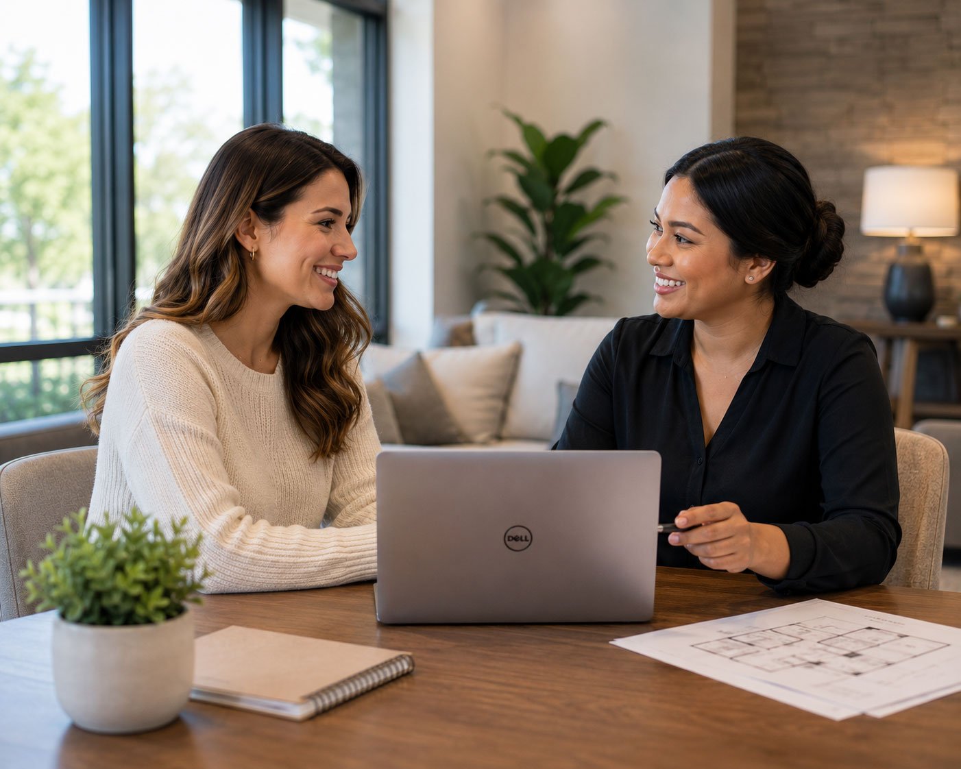 Two women smiling and talking in a bright, modern office space, sitting at a wooden table with a laptop, plant, and documents.