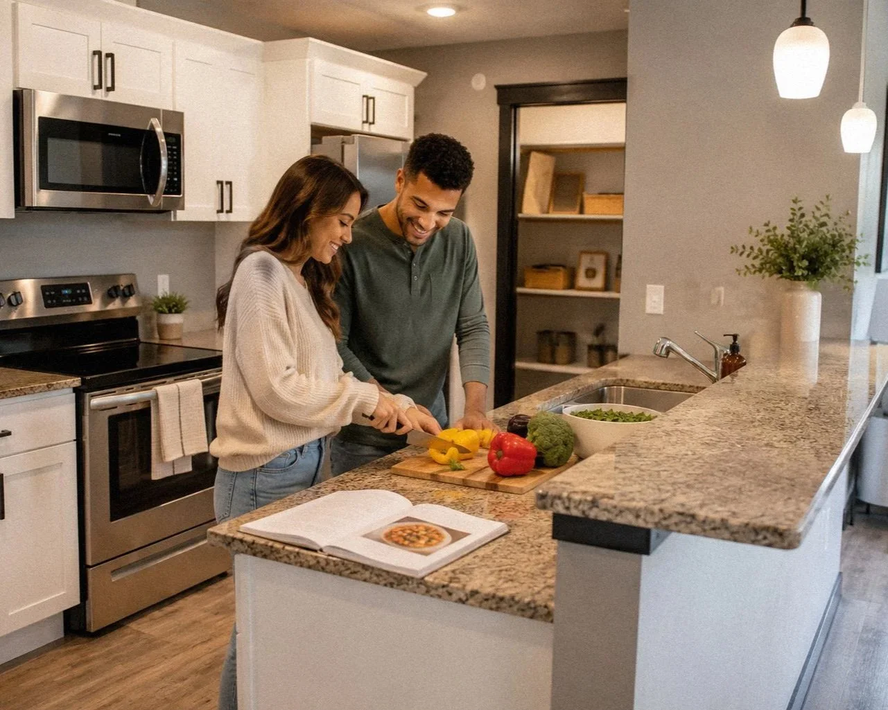 A young couple preparing vegetables in a modern kitchen, with a woman slicing a yellow bell pepper while the man watches and smiles, surrounded by colorful vegetables and a cookbook on the countertop.
