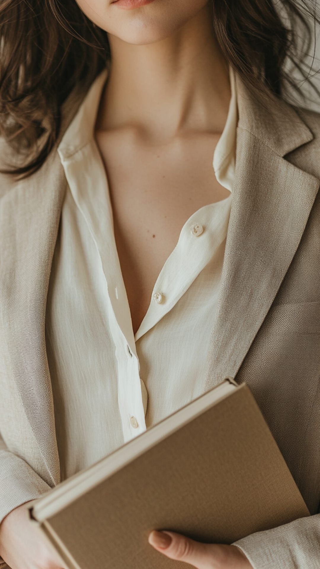 Mujer con chaqueta beige y blusa crema sosteniendo un libro.