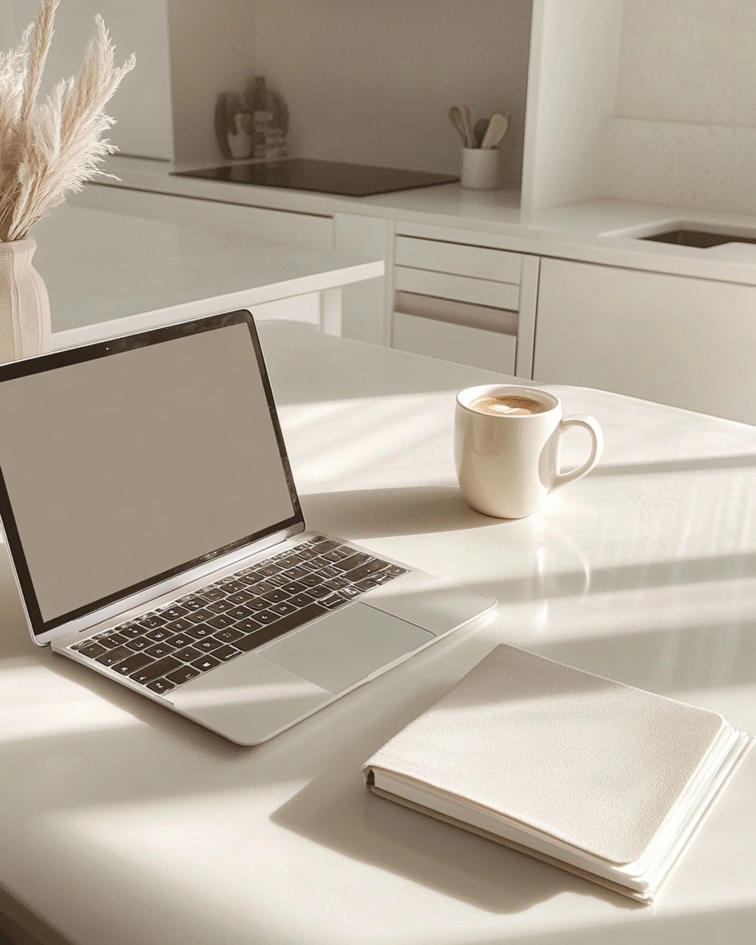 Mesa blanca con laptop, libro, y taza de café en un ambiente luminoso y minimalista